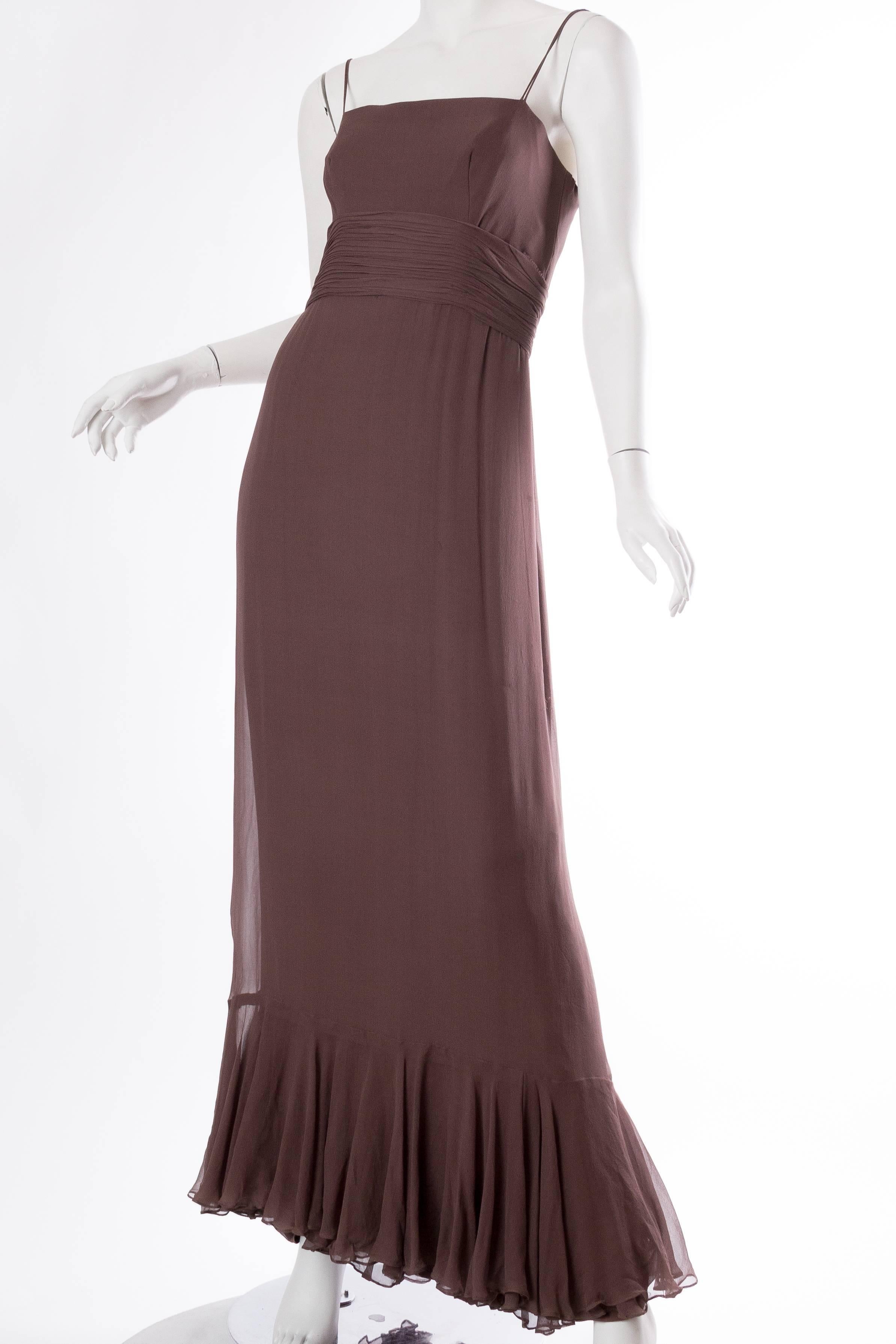 1970S MALCOLM STARR Chocolate Brown Silk Chiffon Boho Ruffled Gown For Sale 1
