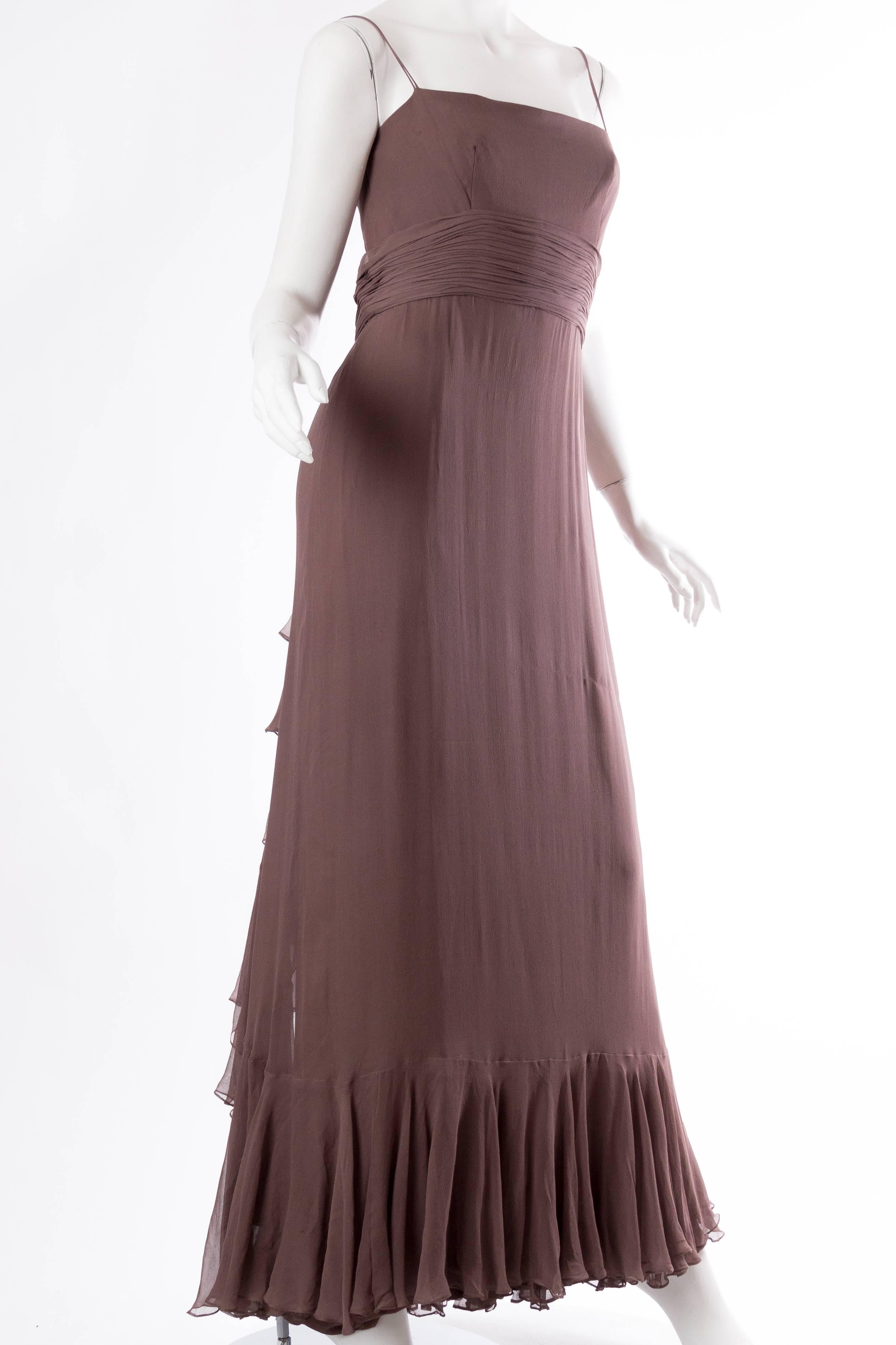 1970S MALCOLM STARR Chocolate Brown Silk Chiffon Boho Ruffled Gown In Excellent Condition For Sale In New York, NY