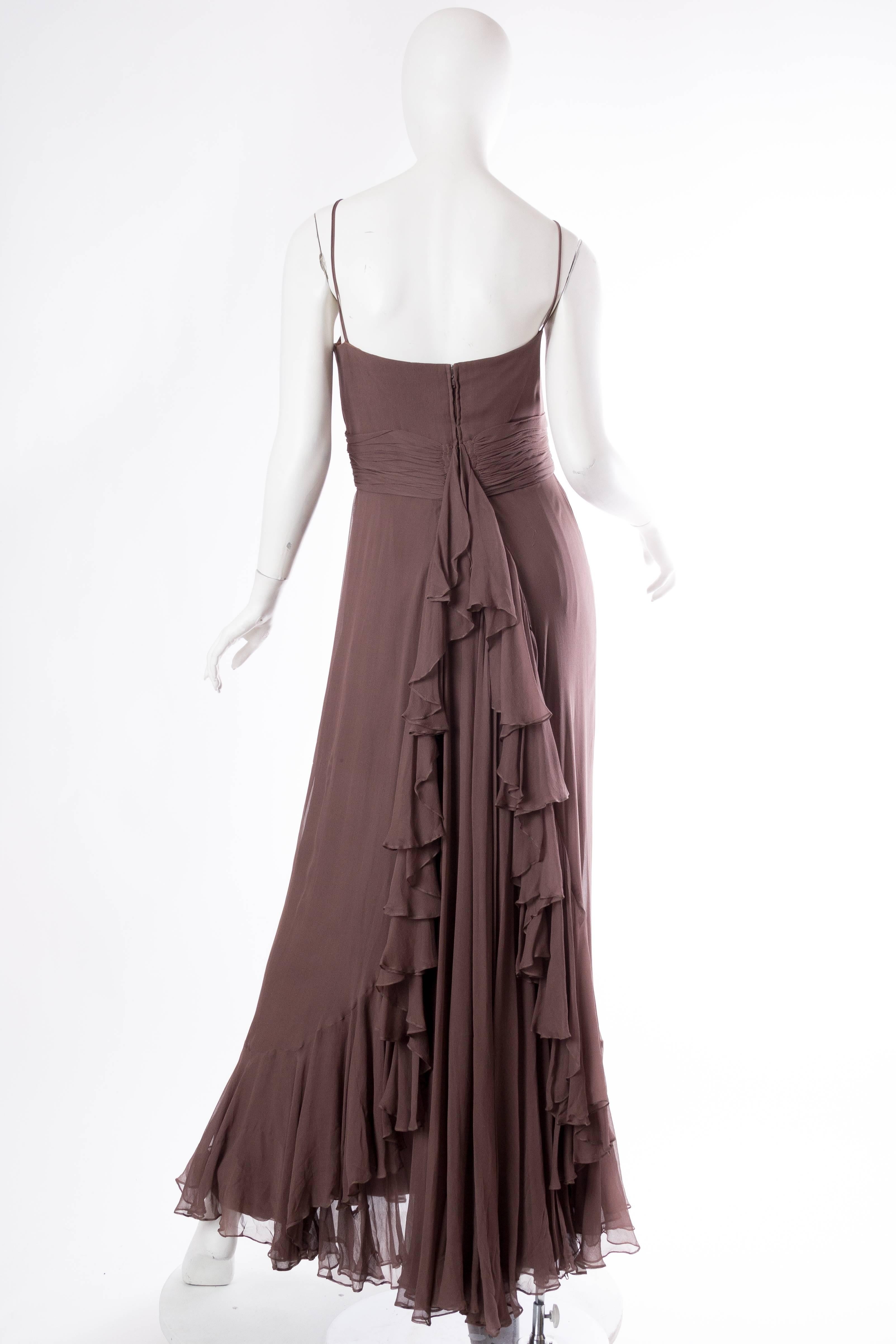 1970S MALCOLM STARR Chocolate Brown Silk Chiffon Boho Ruffled Gown For Sale 2