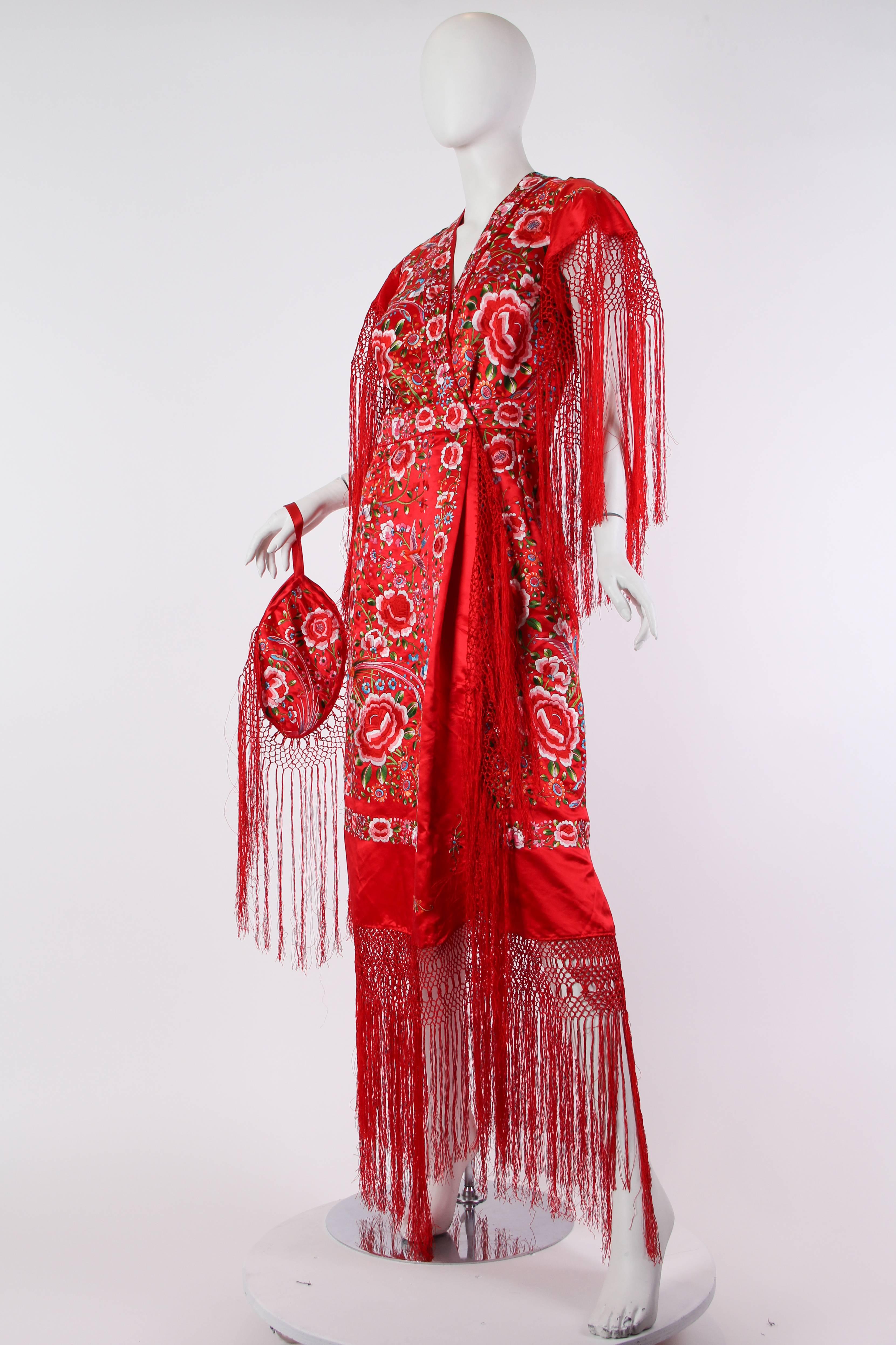 Phenomenal Hand-Embroidered Chinese Shawl Dress with Fringe In Excellent Condition In New York, NY