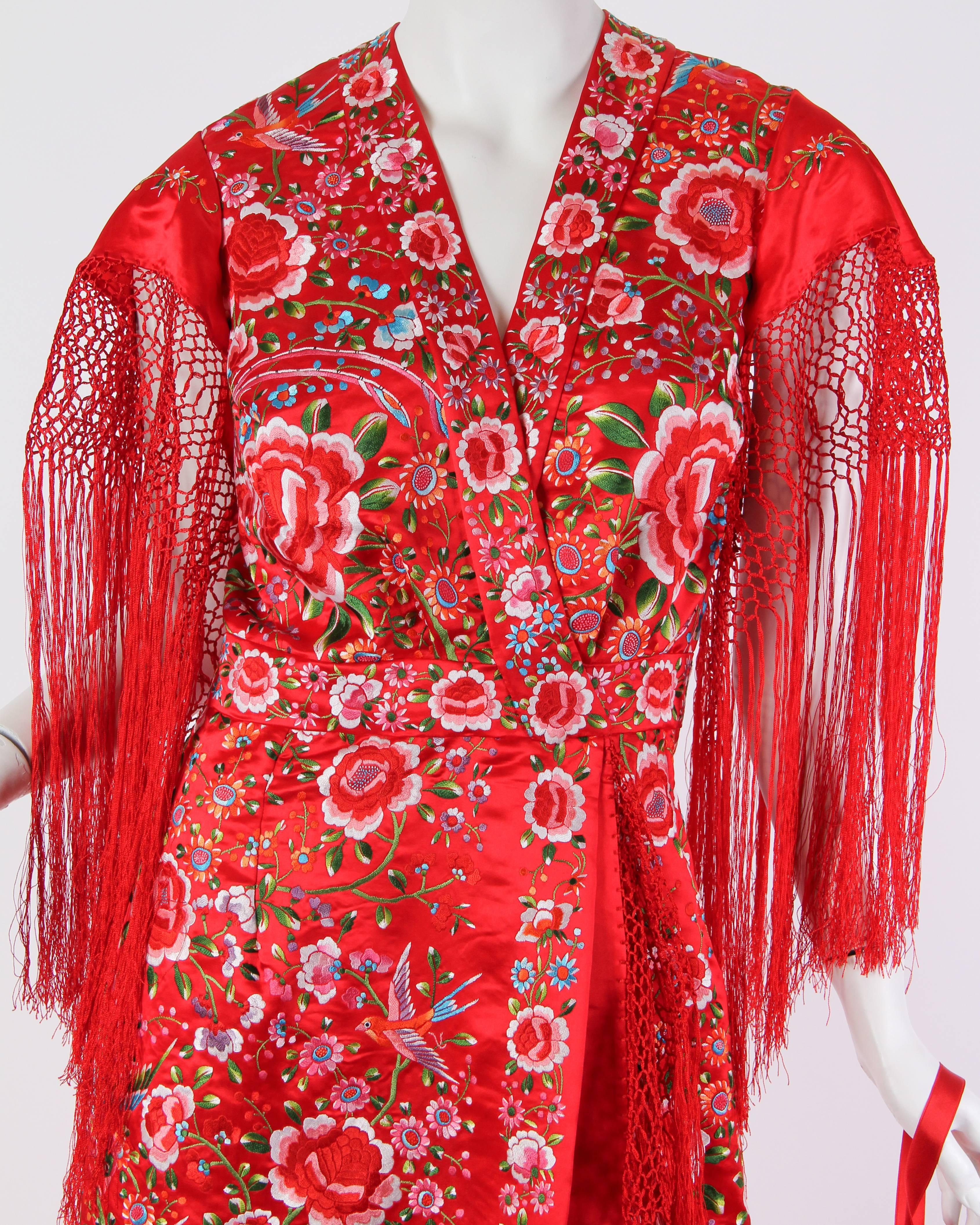 Phenomenal Hand-Embroidered Chinese Shawl Dress with Fringe 1
