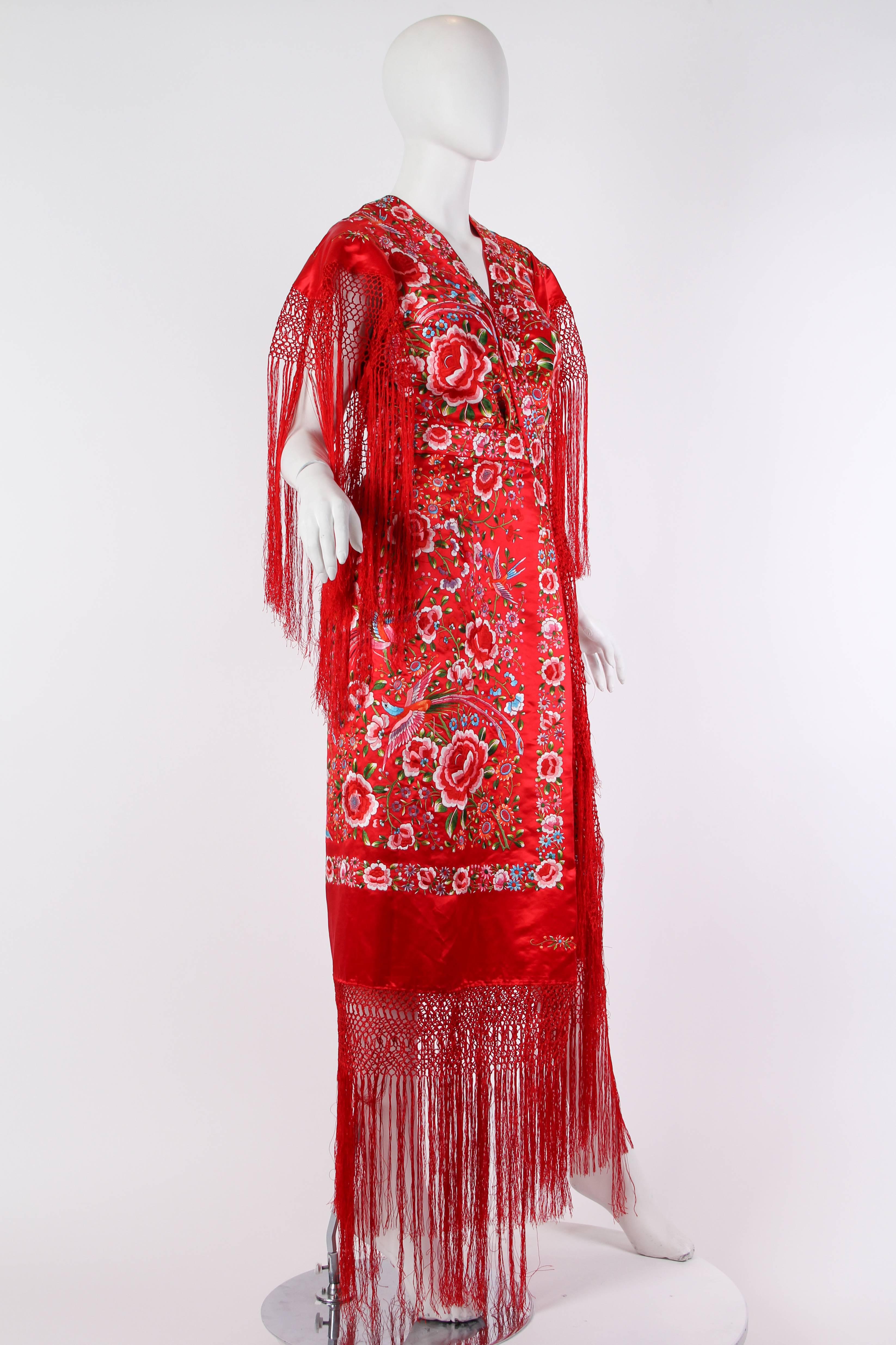 Red Phenomenal Hand-Embroidered Chinese Shawl Dress with Fringe