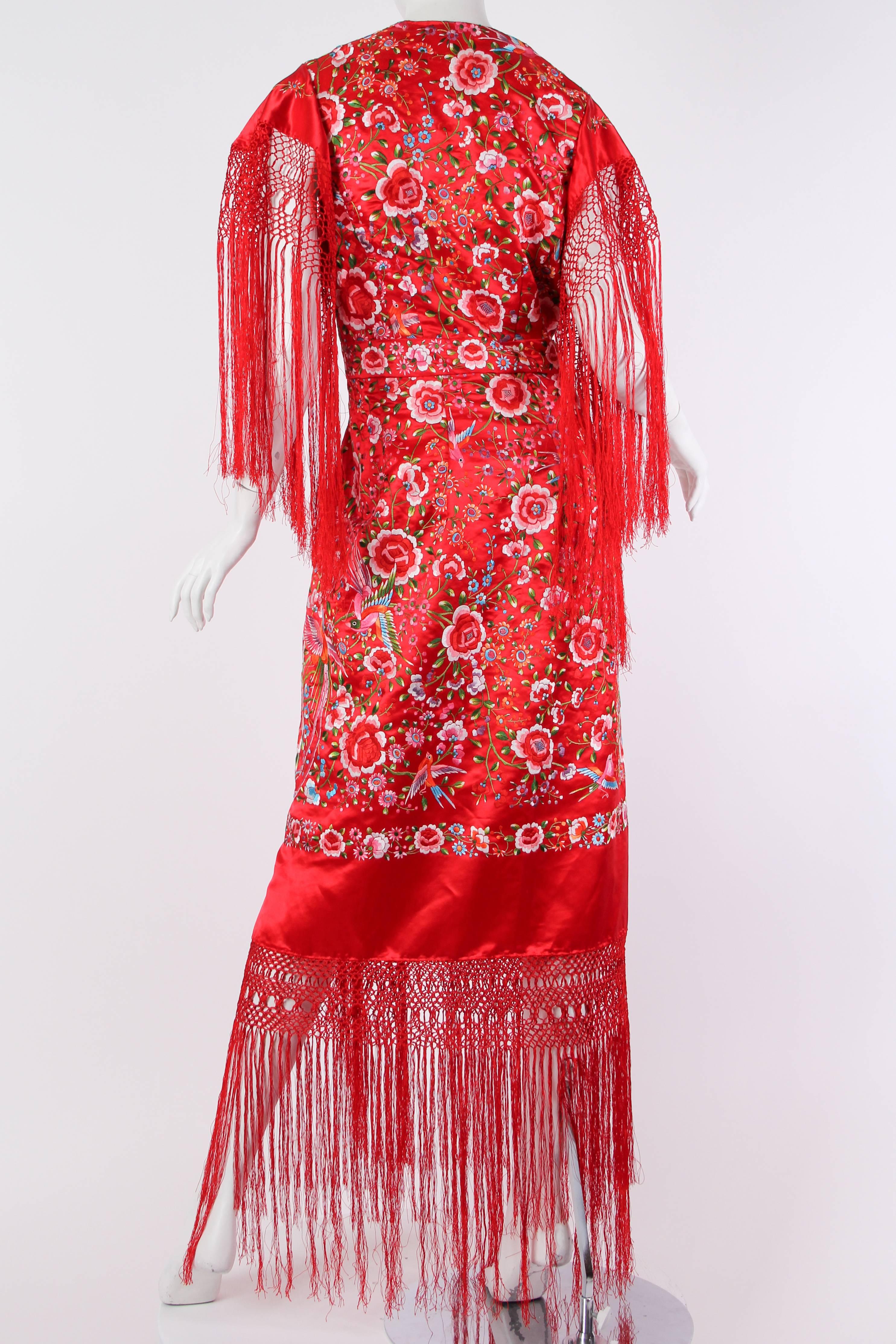 Women's Phenomenal Hand-Embroidered Chinese Shawl Dress with Fringe