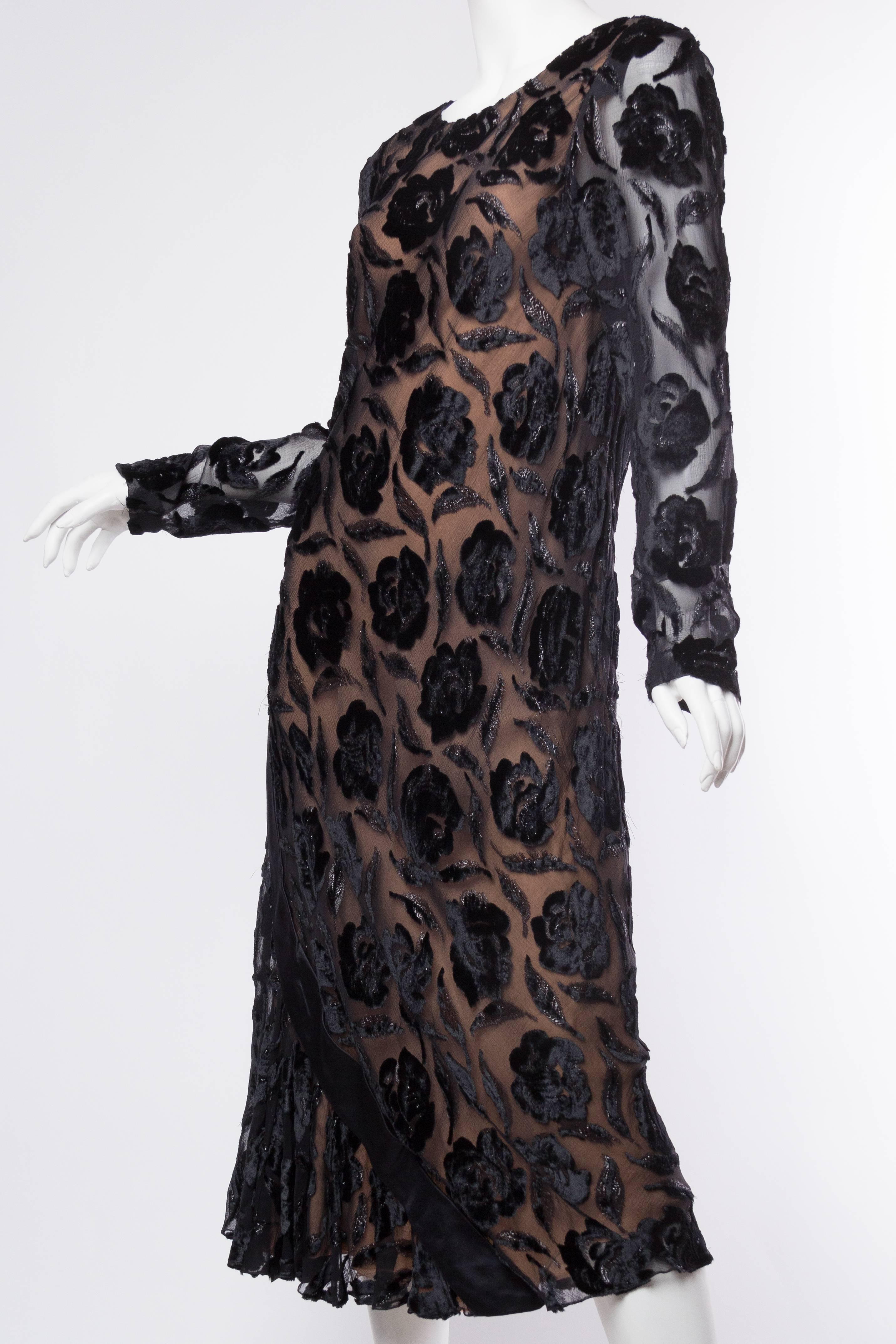 1970S STAVROPOULOS Black Bias Cut Silk Lurex Burnout Velvet Cocktail Dress With In Excellent Condition For Sale In New York, NY