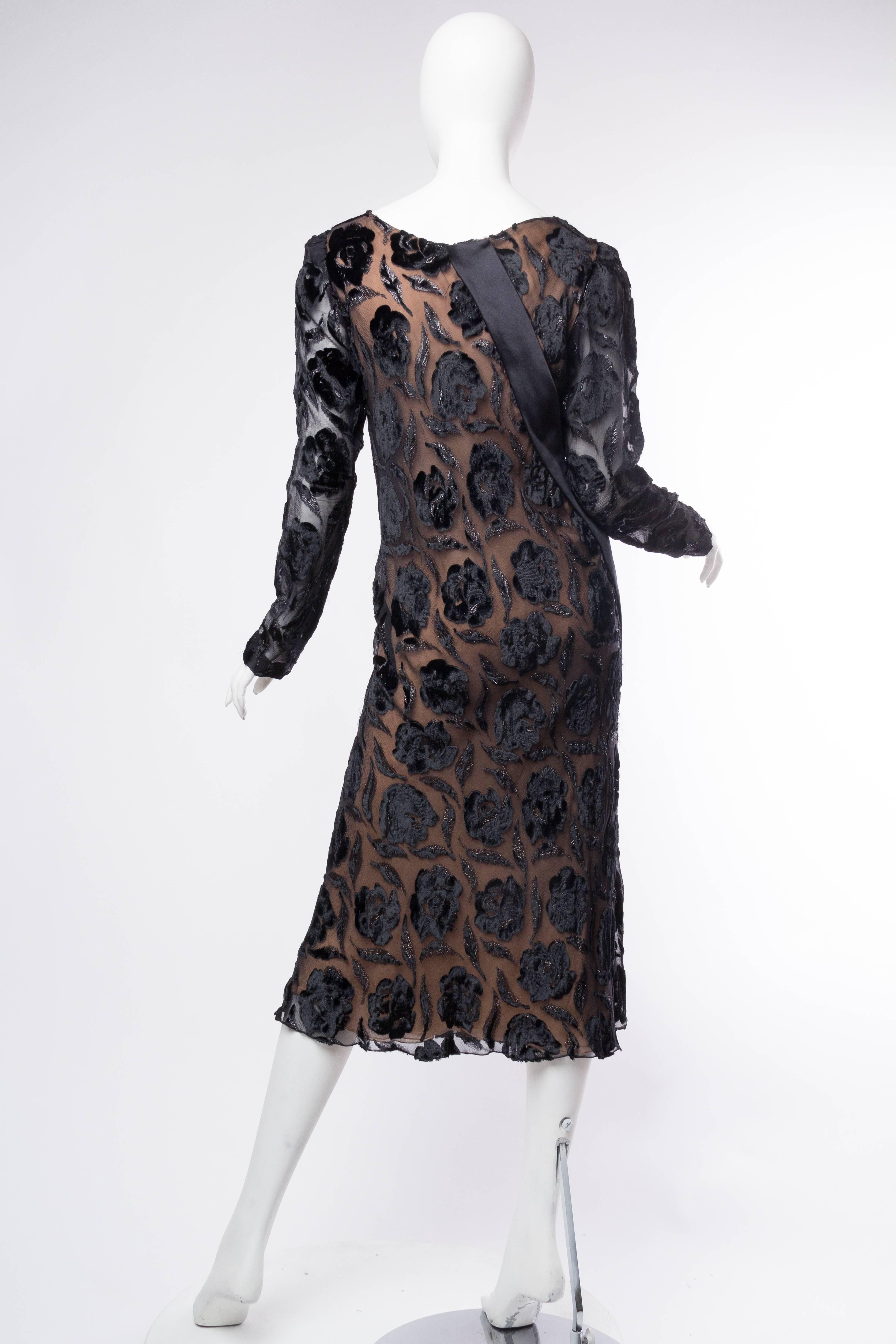 Women's 1970S STAVROPOULOS Black Bias Cut Silk Lurex Burnout Velvet Cocktail Dress With For Sale