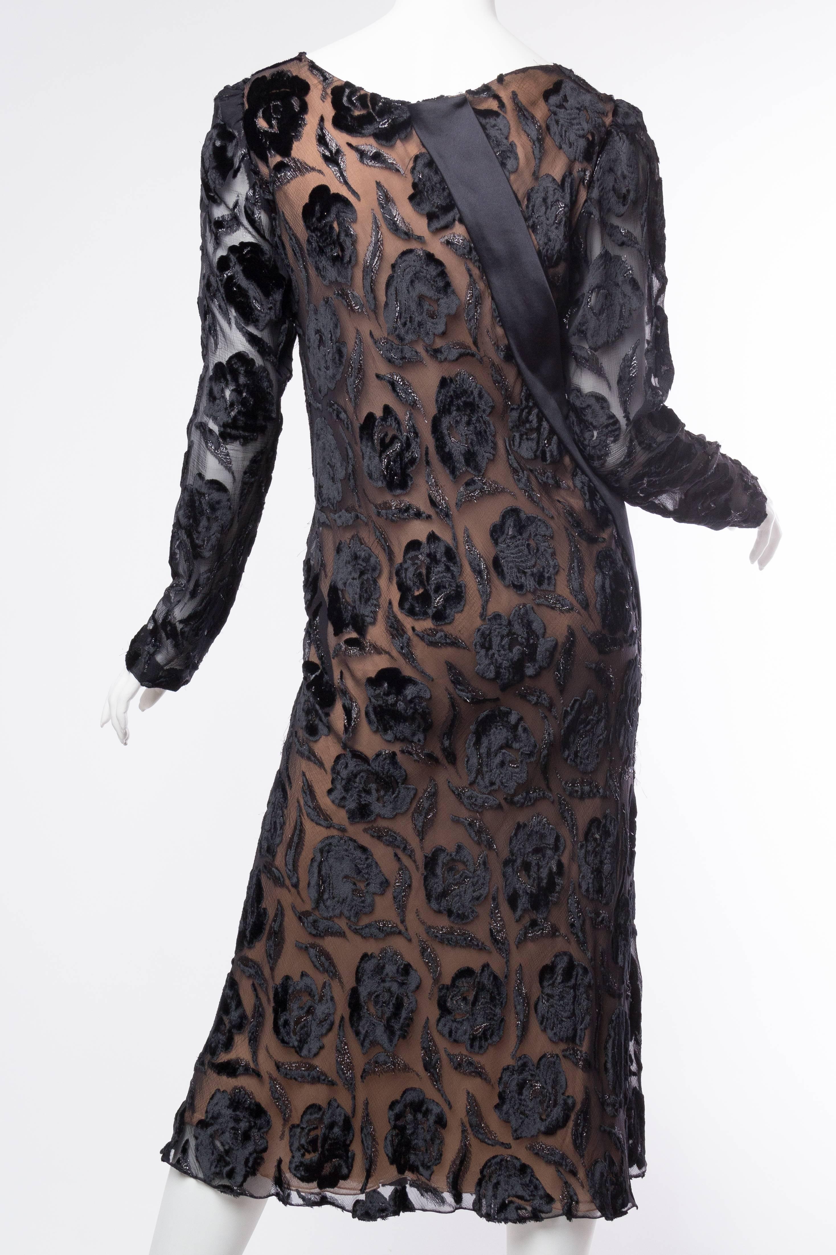 1970S STAVROPOULOS Black Bias Cut Silk Lurex Burnout Velvet Cocktail Dress With For Sale 1