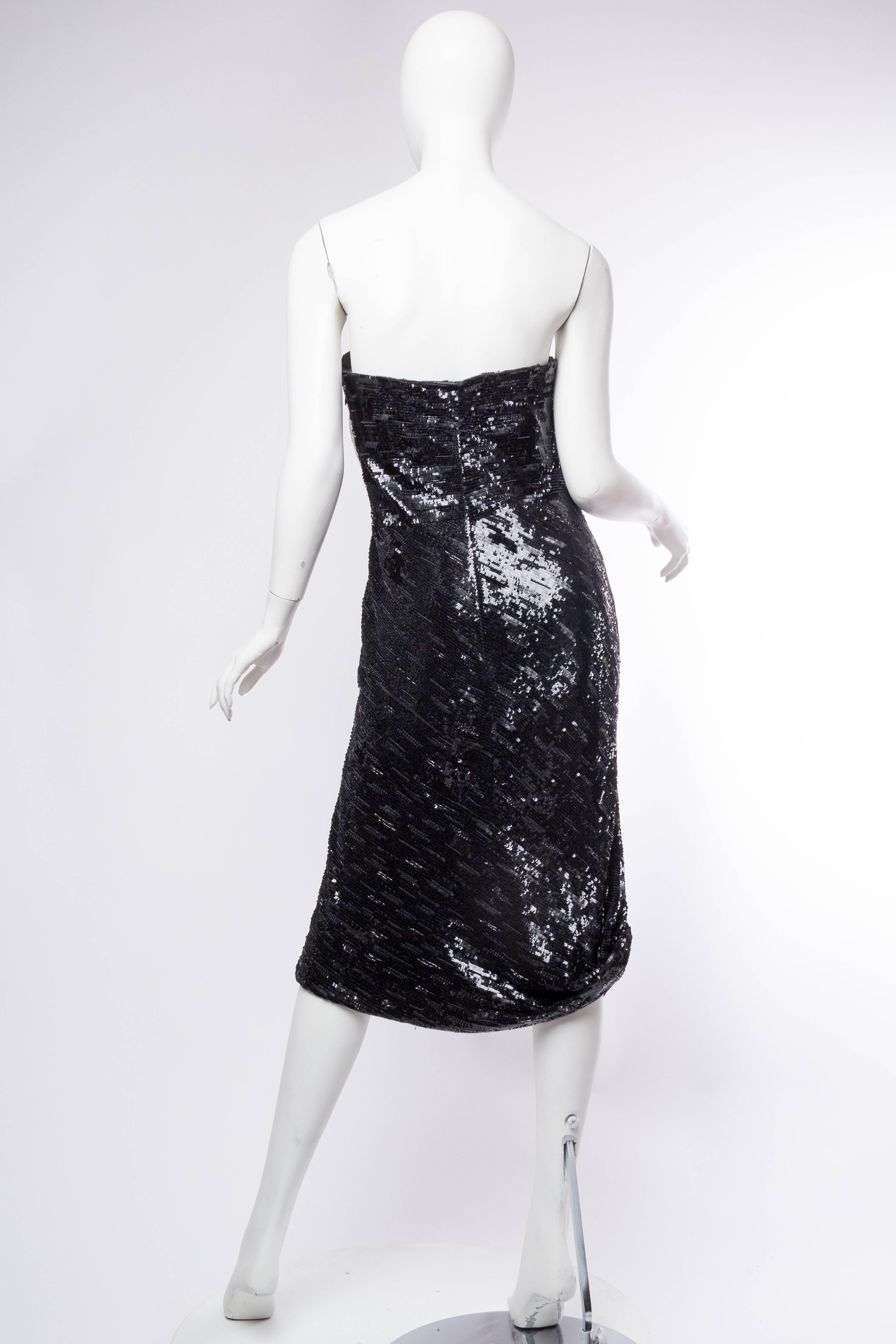 1990S GIORGIO ARMANI Black & White Silk Chiffon Fully Beaded Bias Strapless Cocktail Dress