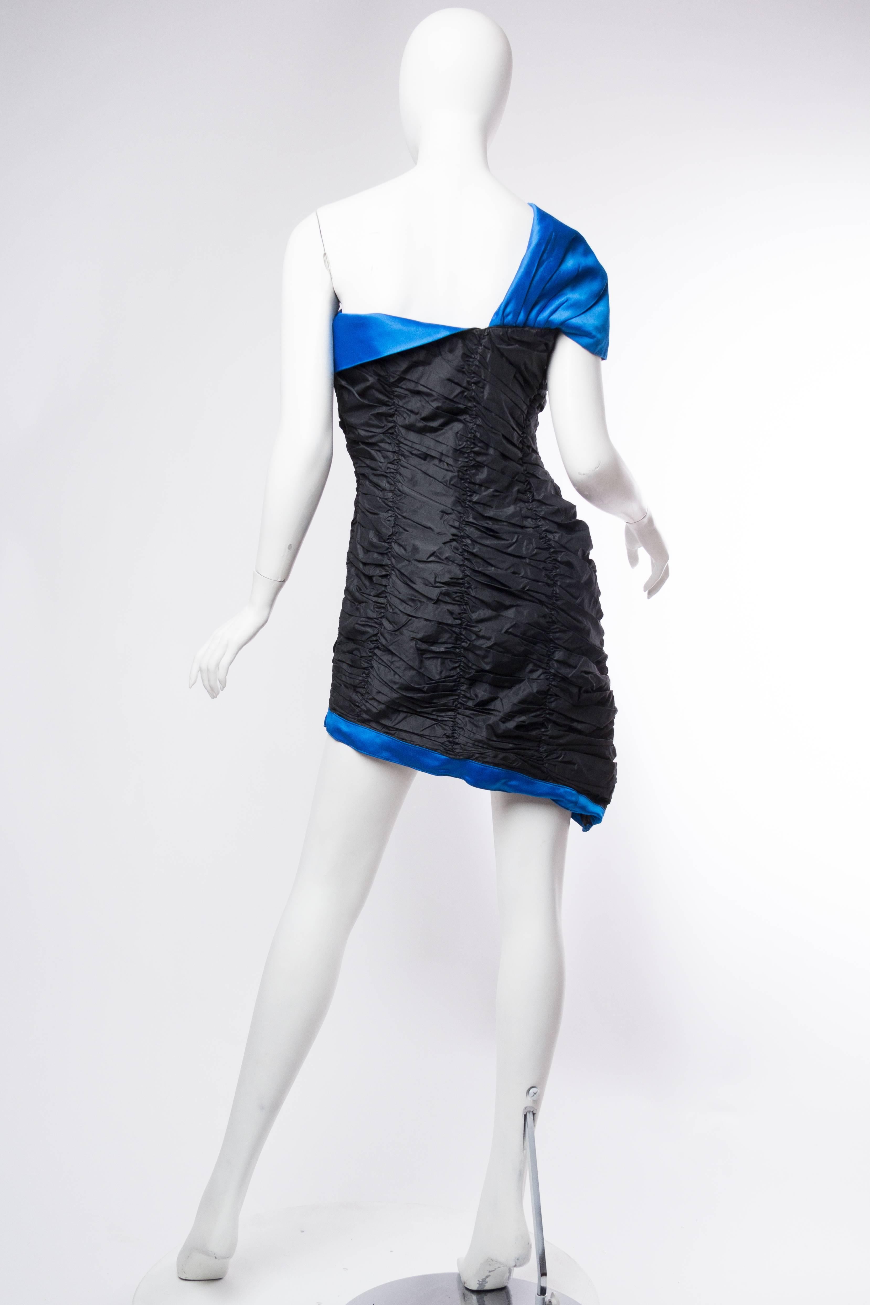 1980S JEAN LOUIS SCHERRER Black Silk Taffeta & Blue Satin One Shoulder Cocktail Dress