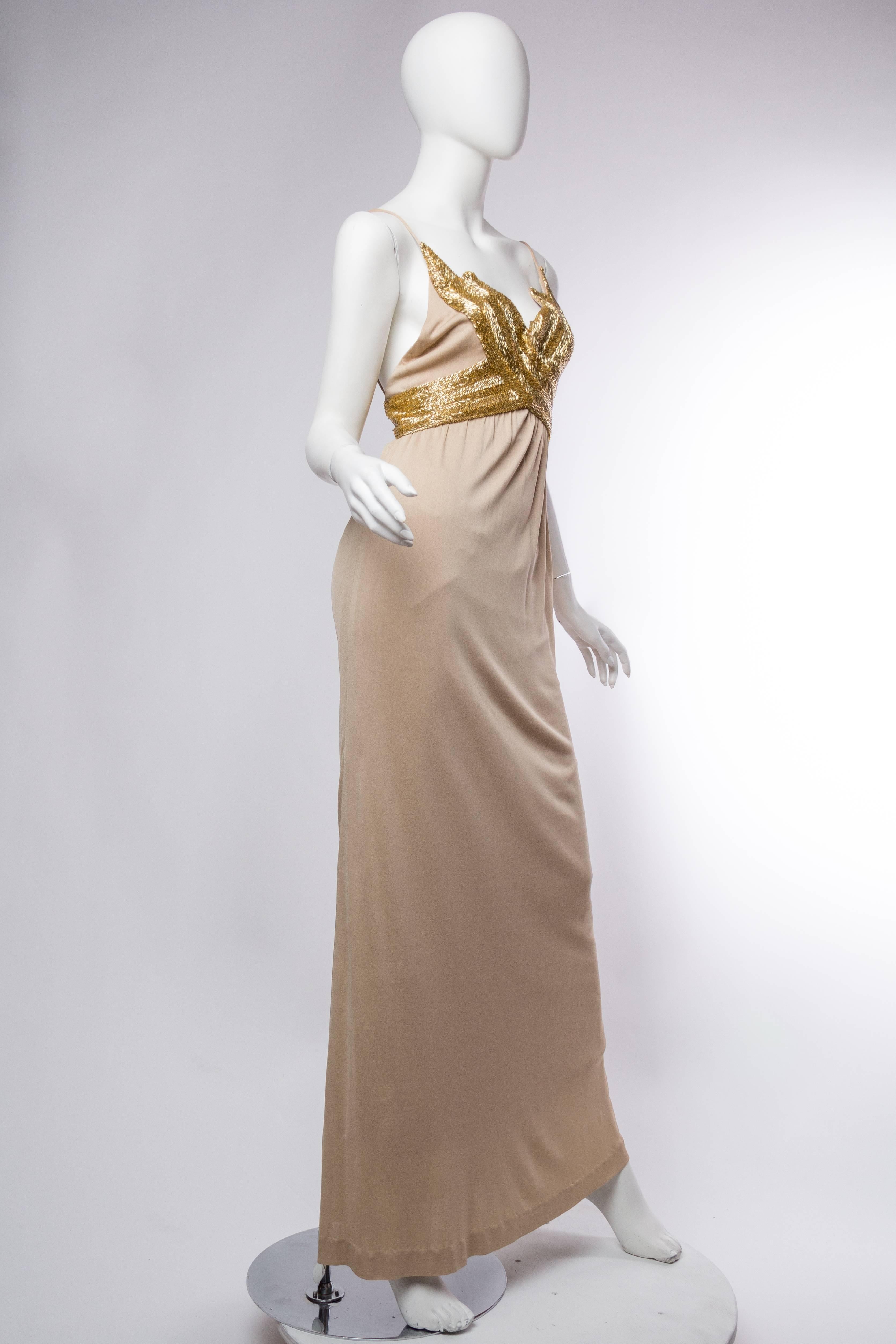 1970S  Champagne & Gold Silk Jersey Gown In Excellent Condition In New York, NY