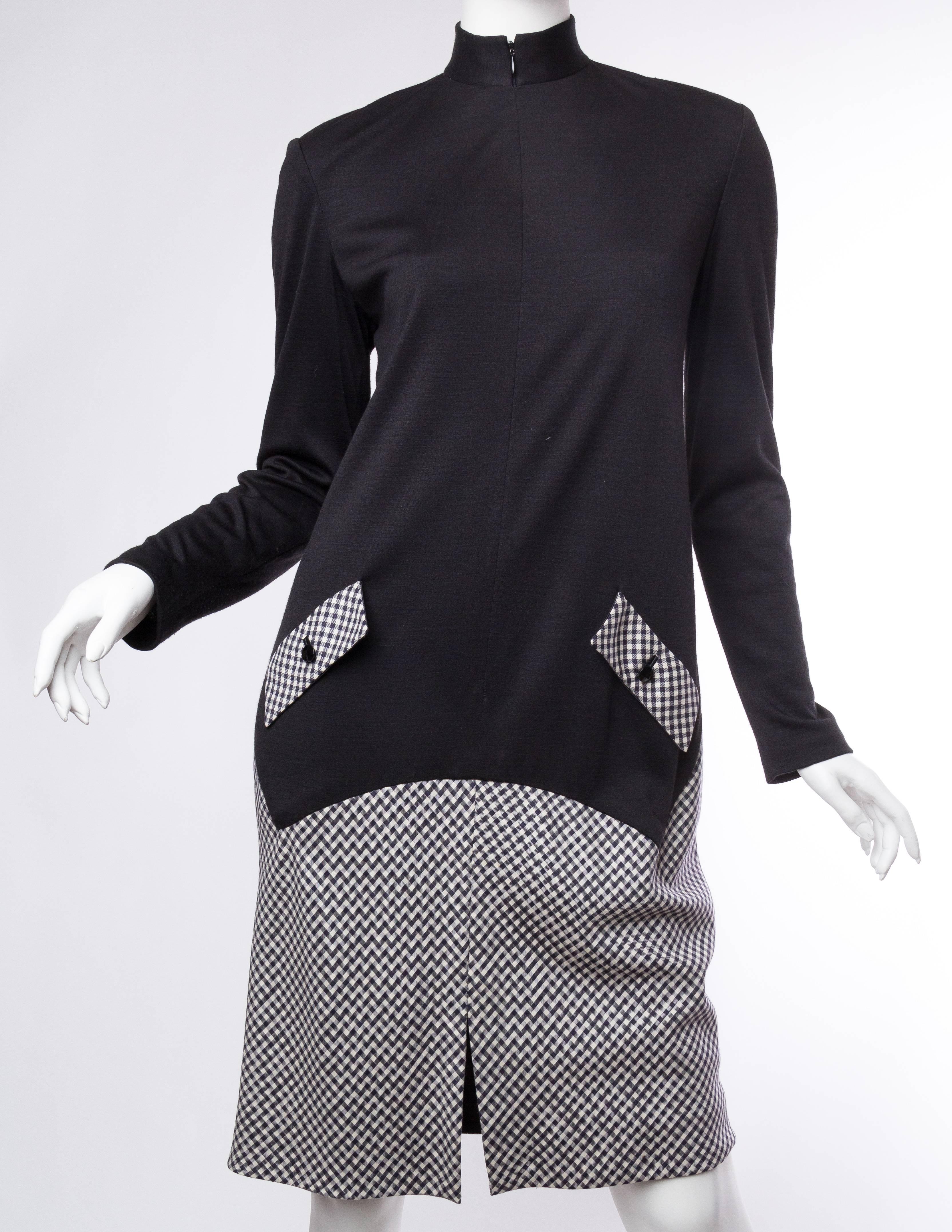 1990S GEOFFREY BEENE Black Wool Jersey & Rayon Blend Gingham Minimalist Dress In Excellent Condition In New York, NY