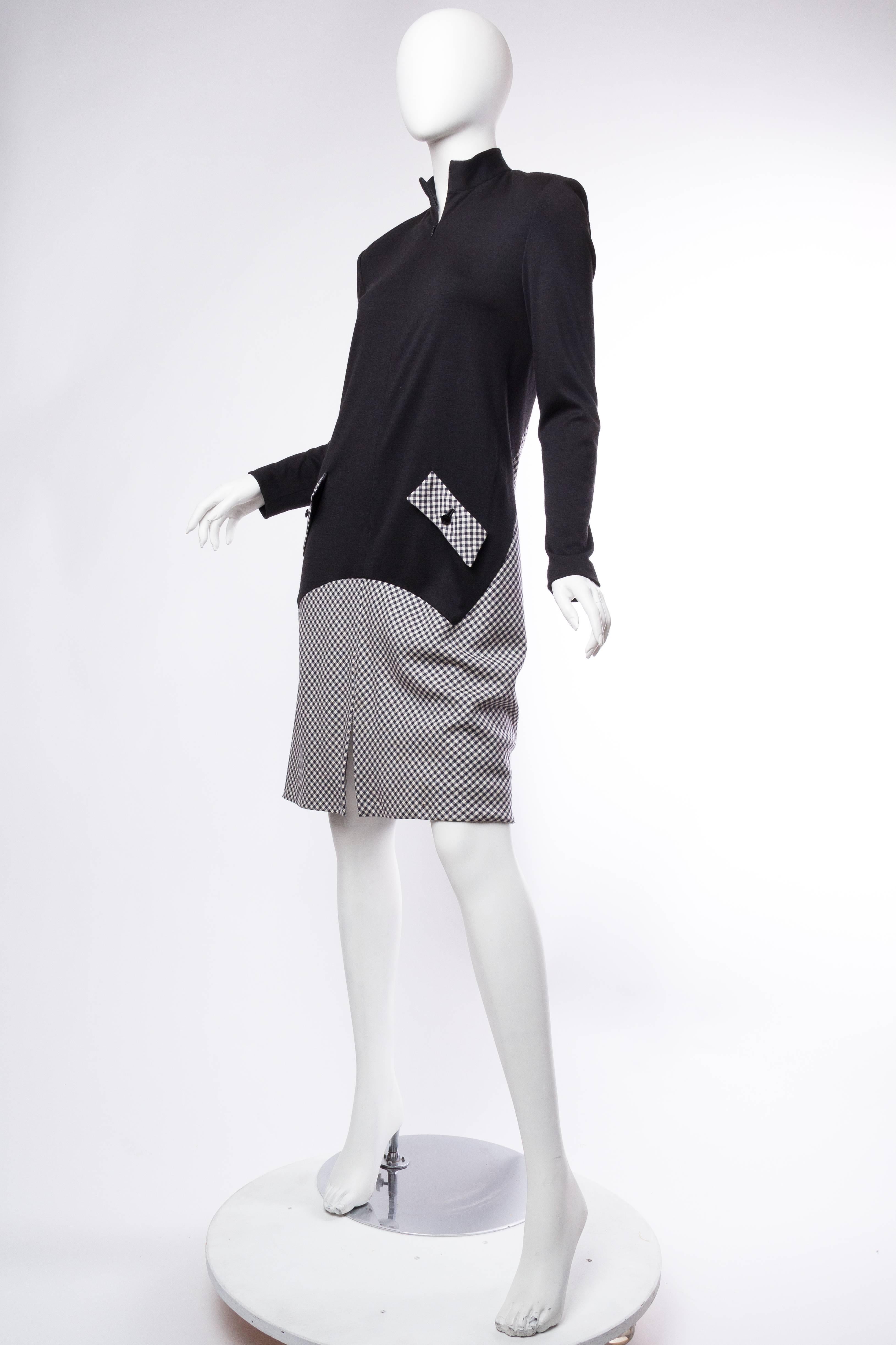 1990S GEOFFREY BEENE Black Wool Jersey & Rayon Blend Gingham Minimalist Dress 3