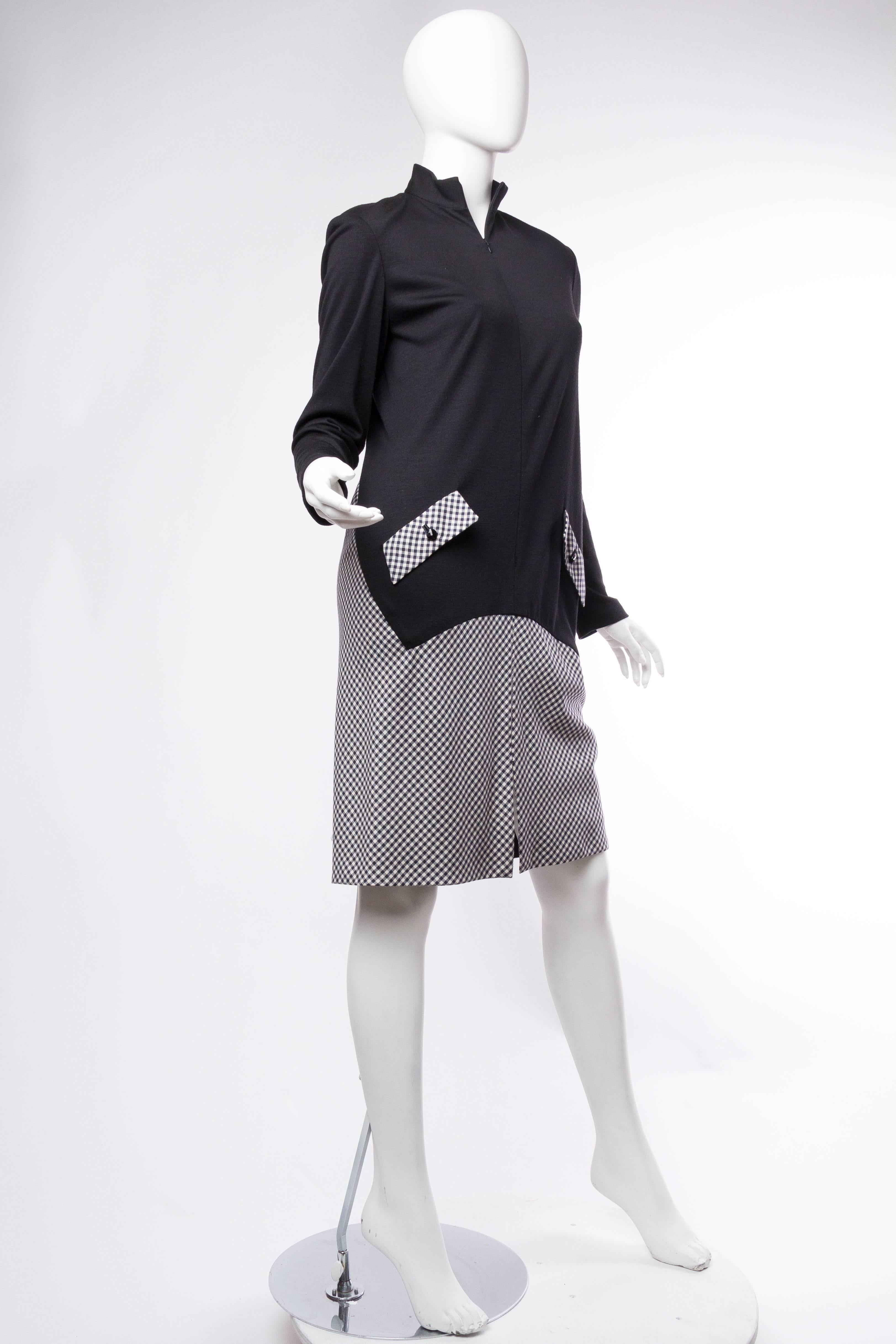 1990S GEOFFREY BEENE Black Wool Jersey & Rayon Blend Gingham Minimalist Dress 1