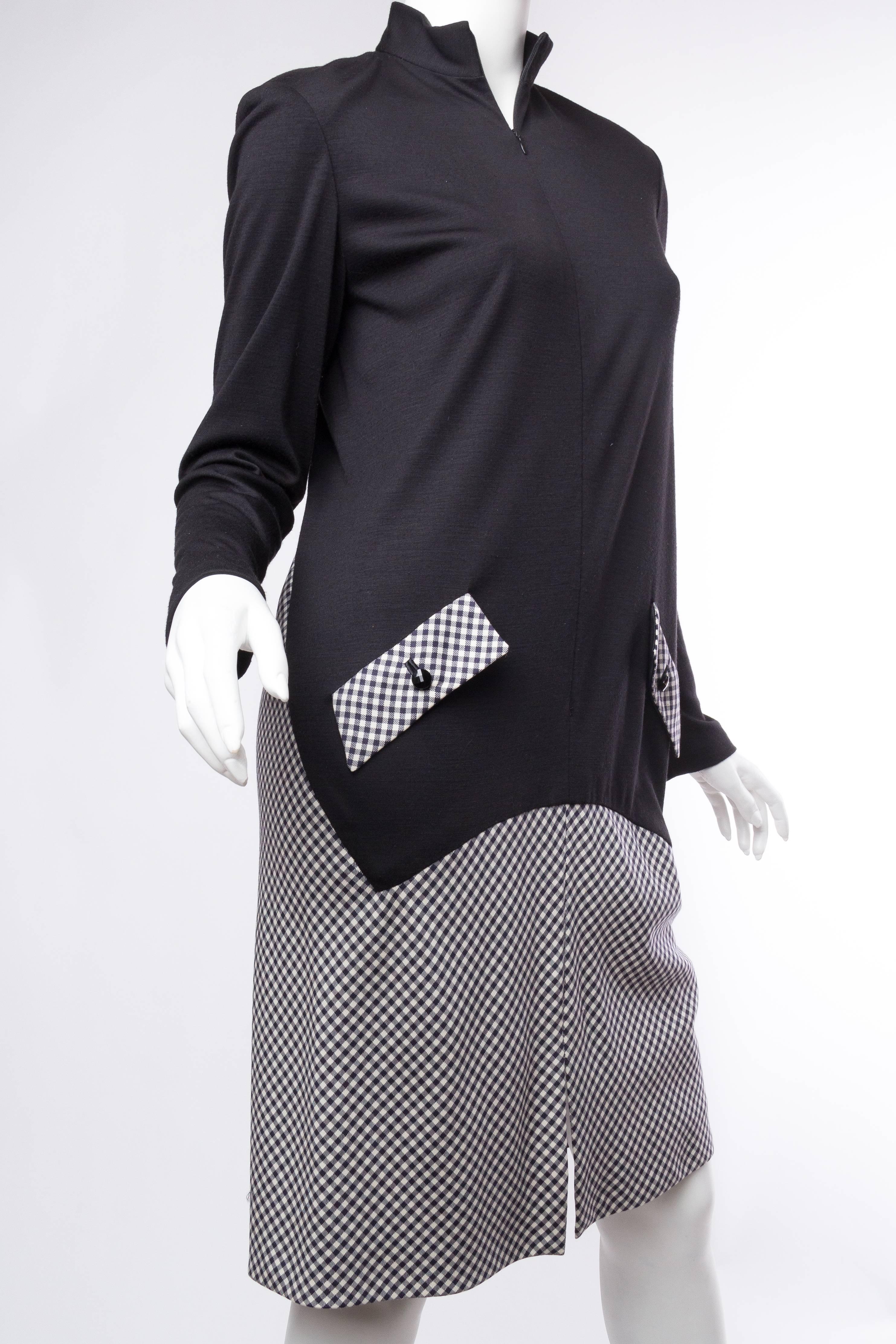 1990S GEOFFREY BEENE Black Wool Jersey & Rayon Blend Gingham Minimalist Dress 2