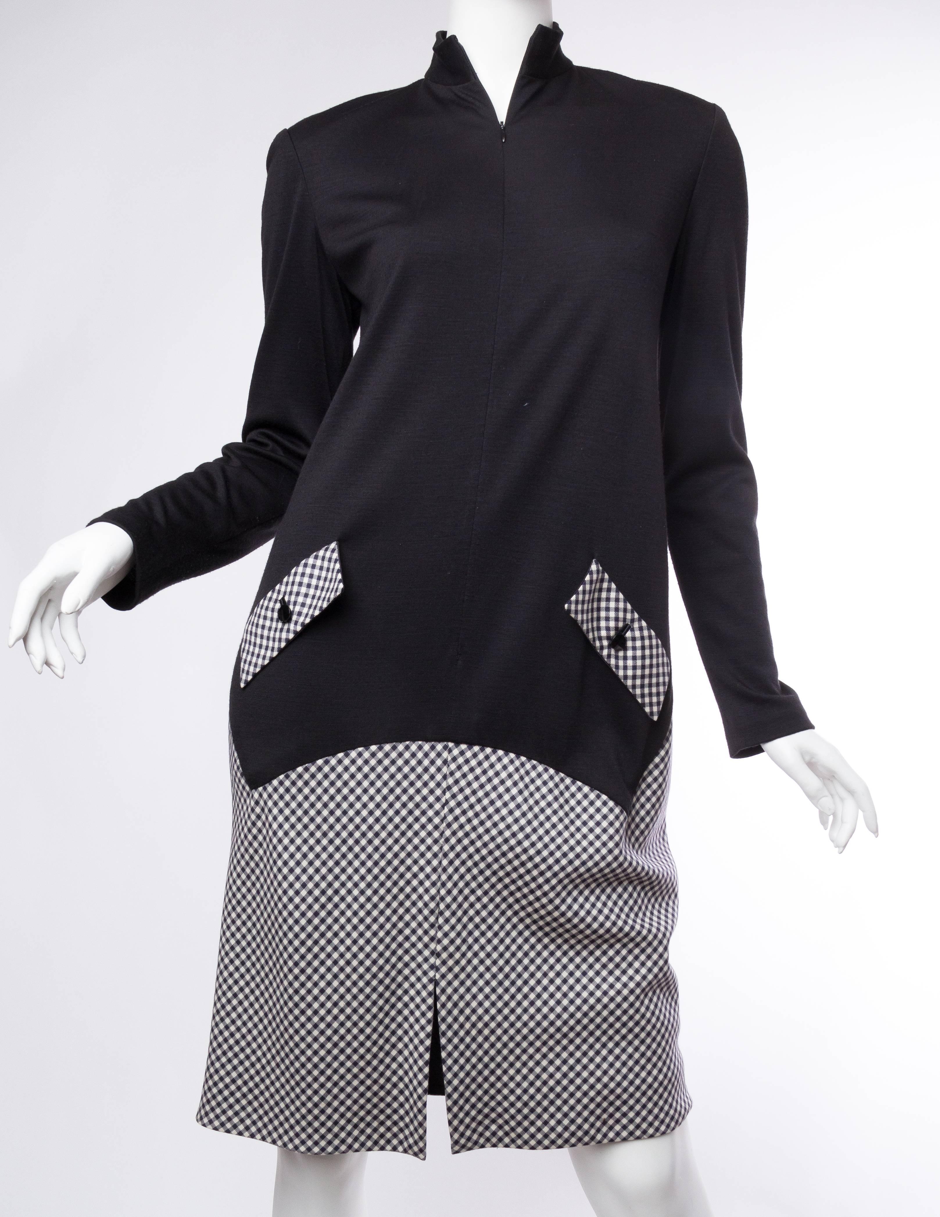 Women's 1990S GEOFFREY BEENE Black Wool Jersey & Rayon Blend Gingham Minimalist Dress