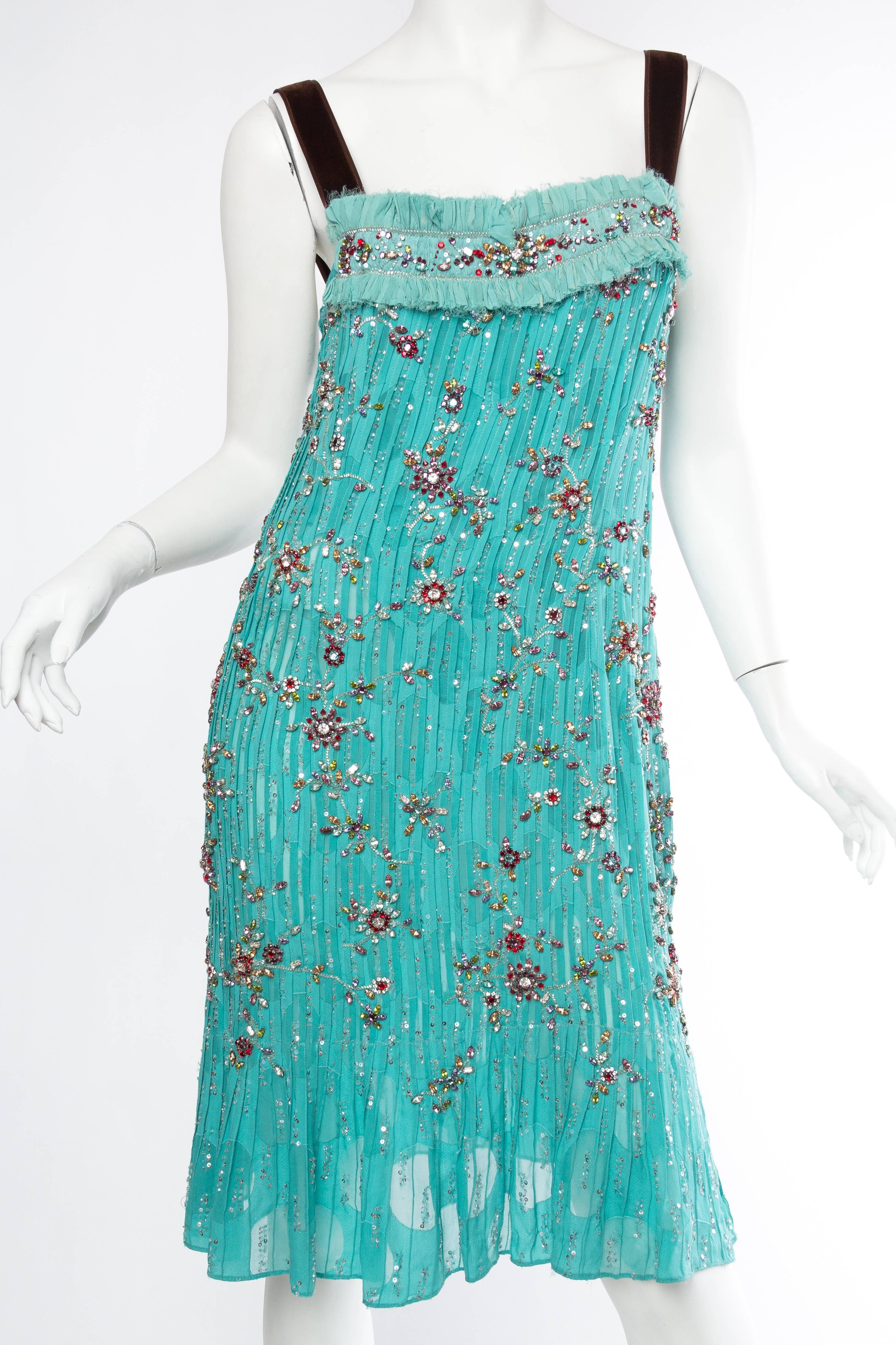 Missing Label 2000S CAROLINA HERRERA Turquoise Silk Burnout Chiffon Pleated Flapper Style Cocktail Dress Beaded With Crystals 