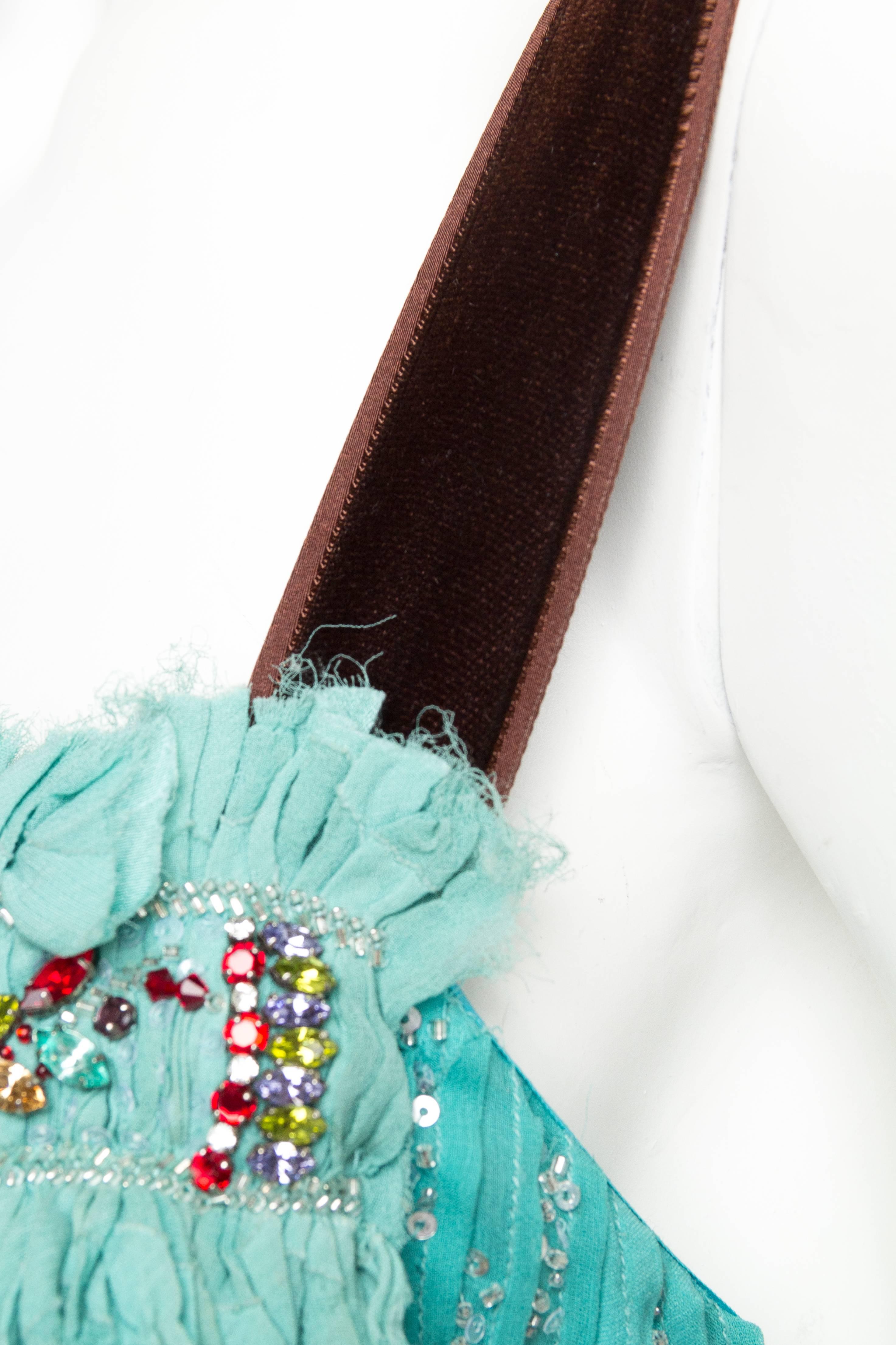 CAROLINA HERRERA - Robe de style garçonne plissée en mousseline de soie brûlée turquoise, années 2000 en vente 1
