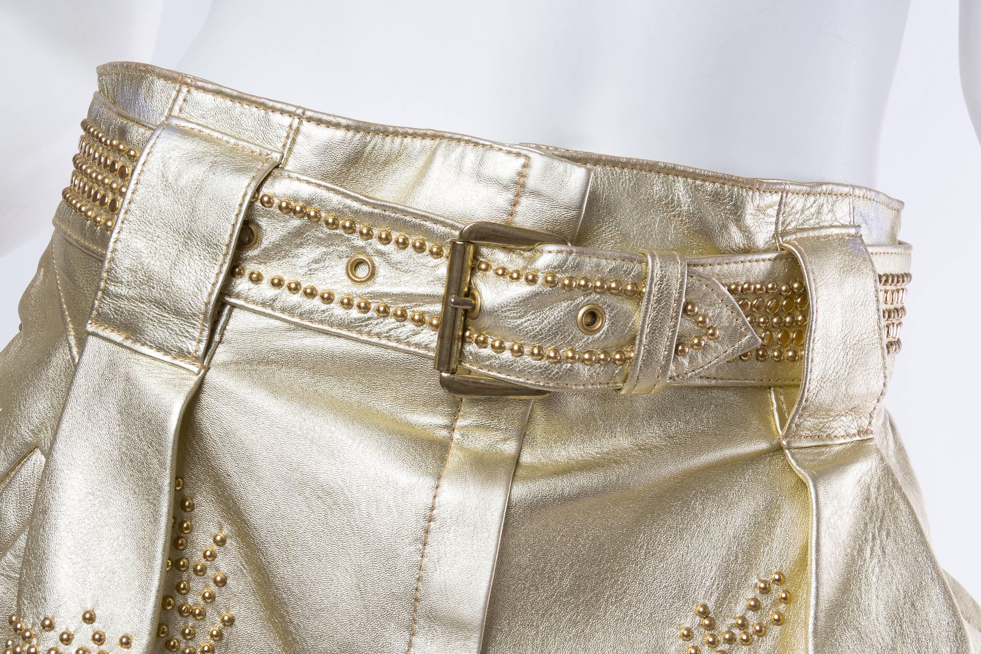 Jean Claude Jitrois Studded Gold Leather Shorts In Excellent Condition In New York, NY