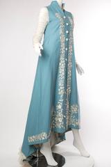 Amazing Victorian Embroidered Wool Dress with Lace Train and Sheer Net Sleeves