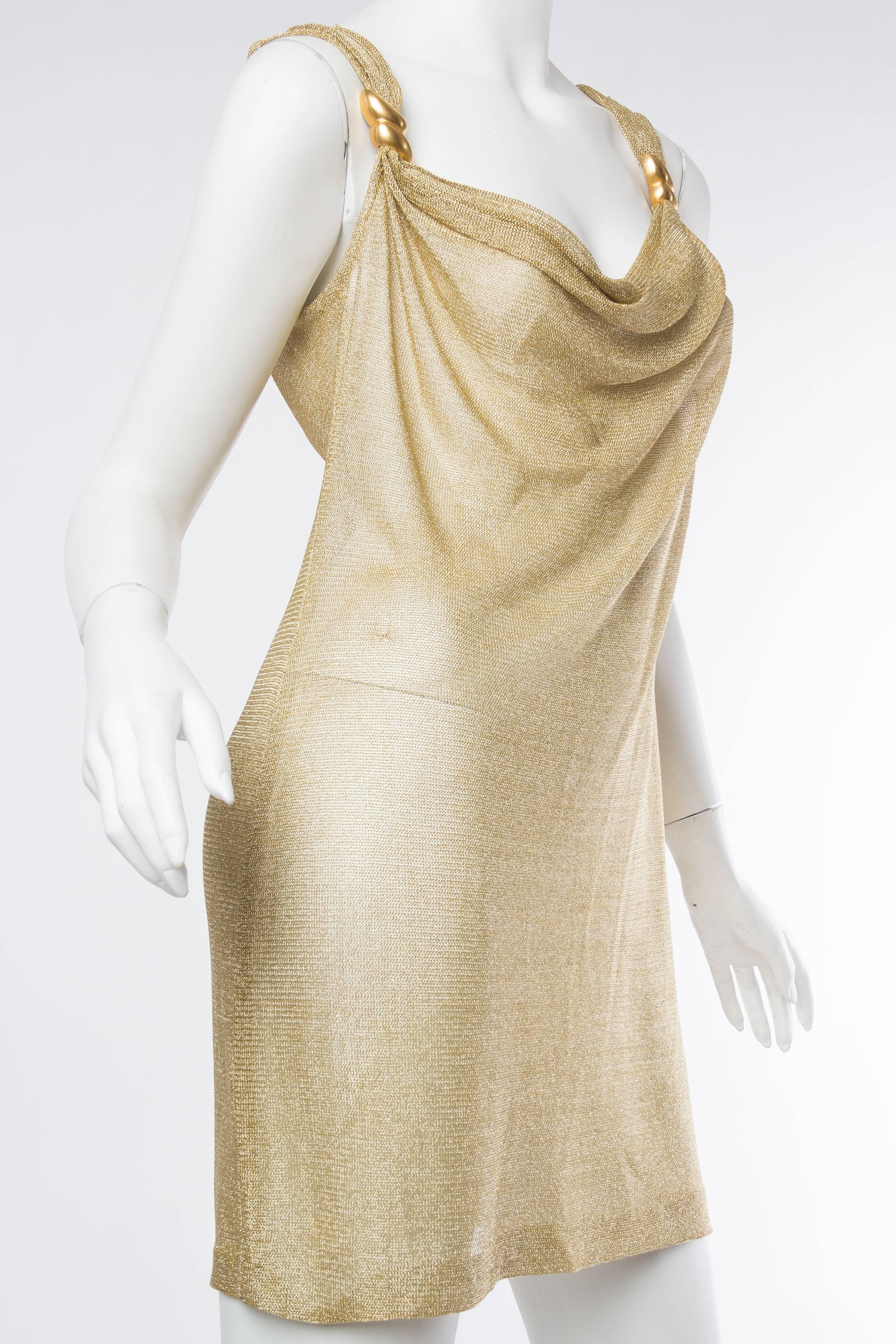 Women's 1980S Metallic Gold Lamé Rayon & Lurex Knit Sheer Cowl Neck Mini Cocktail Dress