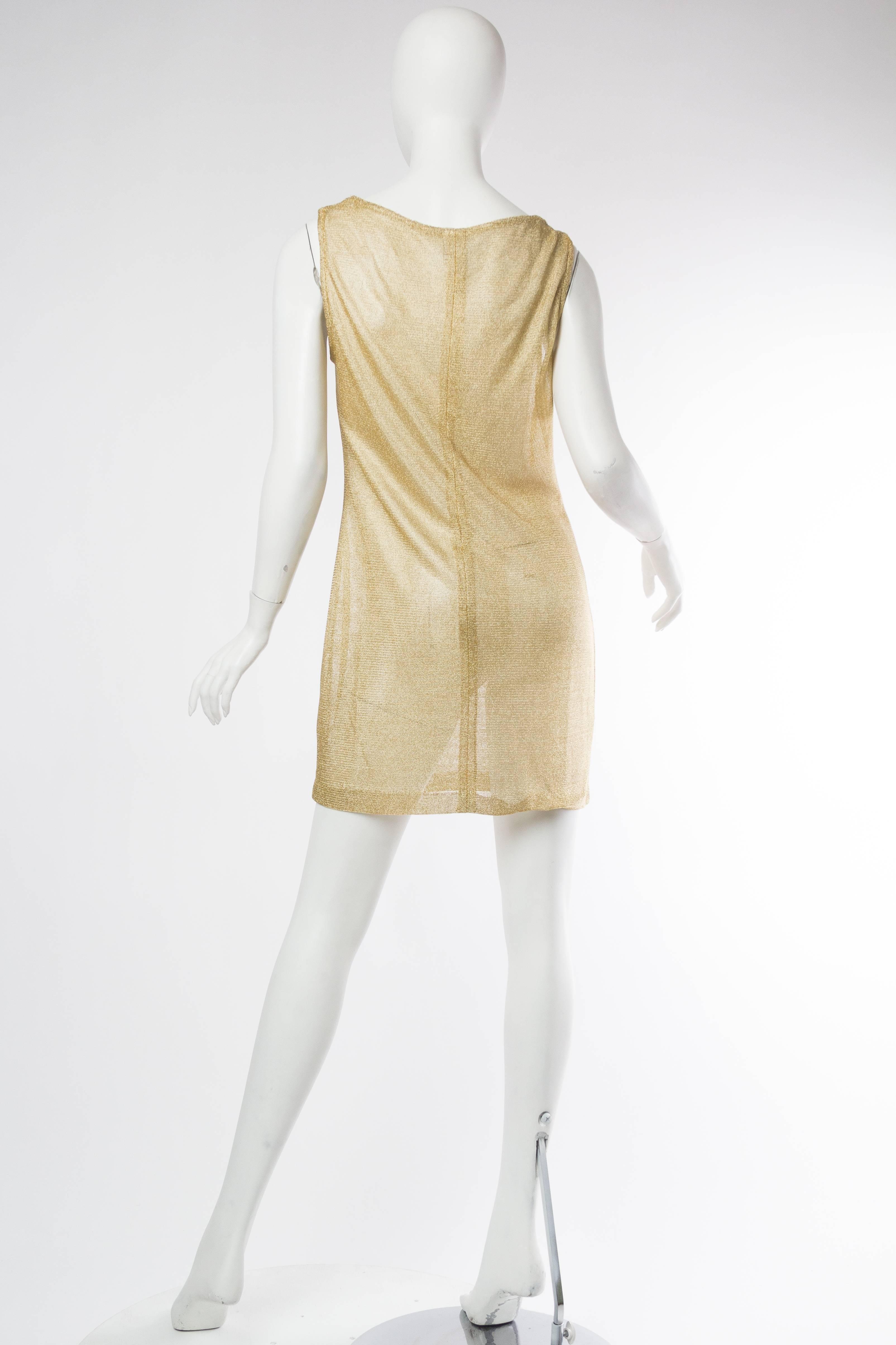 1980S Metallic Gold Lamé Rayon & Lurex Knit Sheer Cowl Neck Mini Cocktail Dress 1