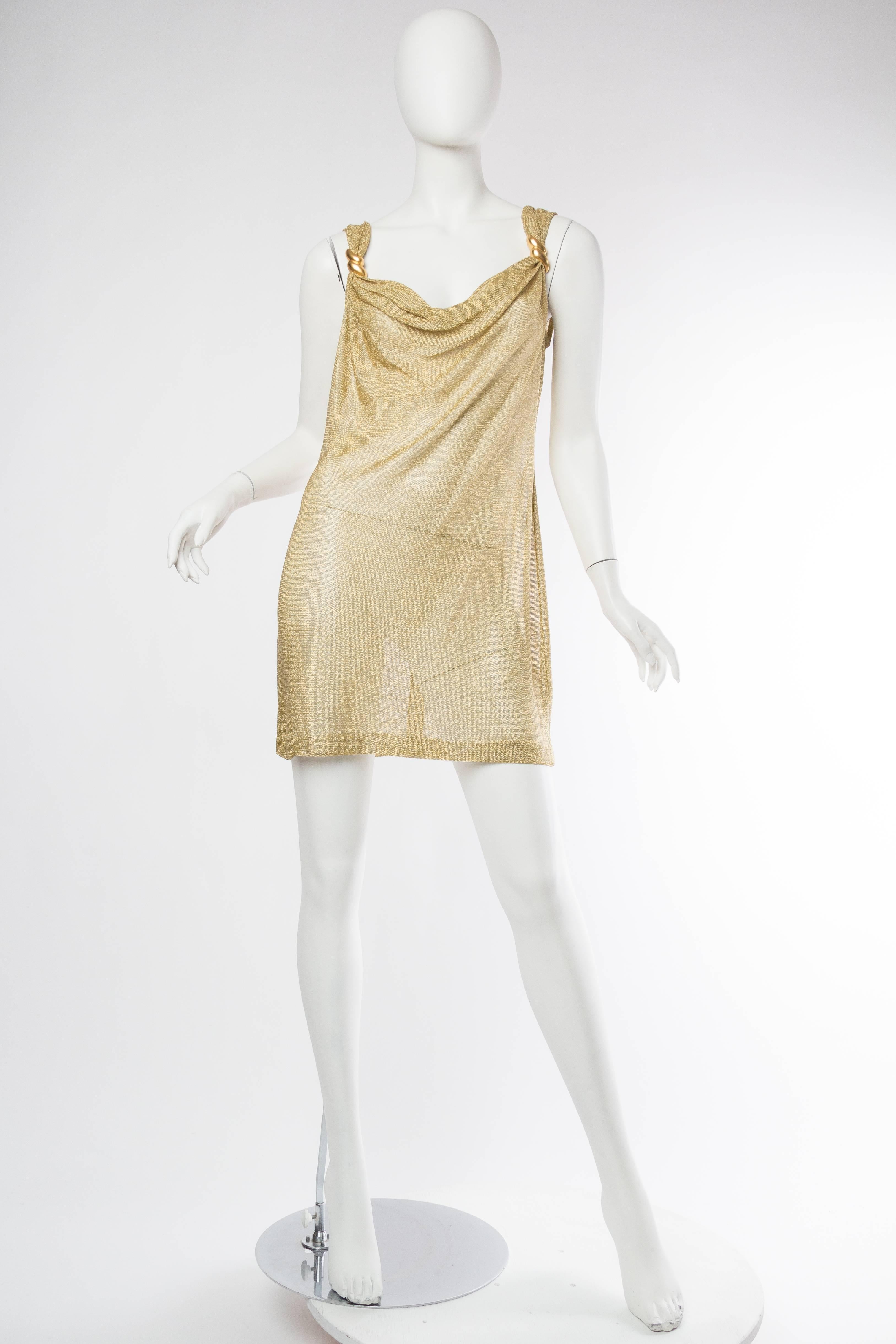 1980S Metallic Gold Lamé Rayon & Lurex Knit Sheer Cowl Neck Mini Cocktail Dress In Excellent Condition In New York, NY
