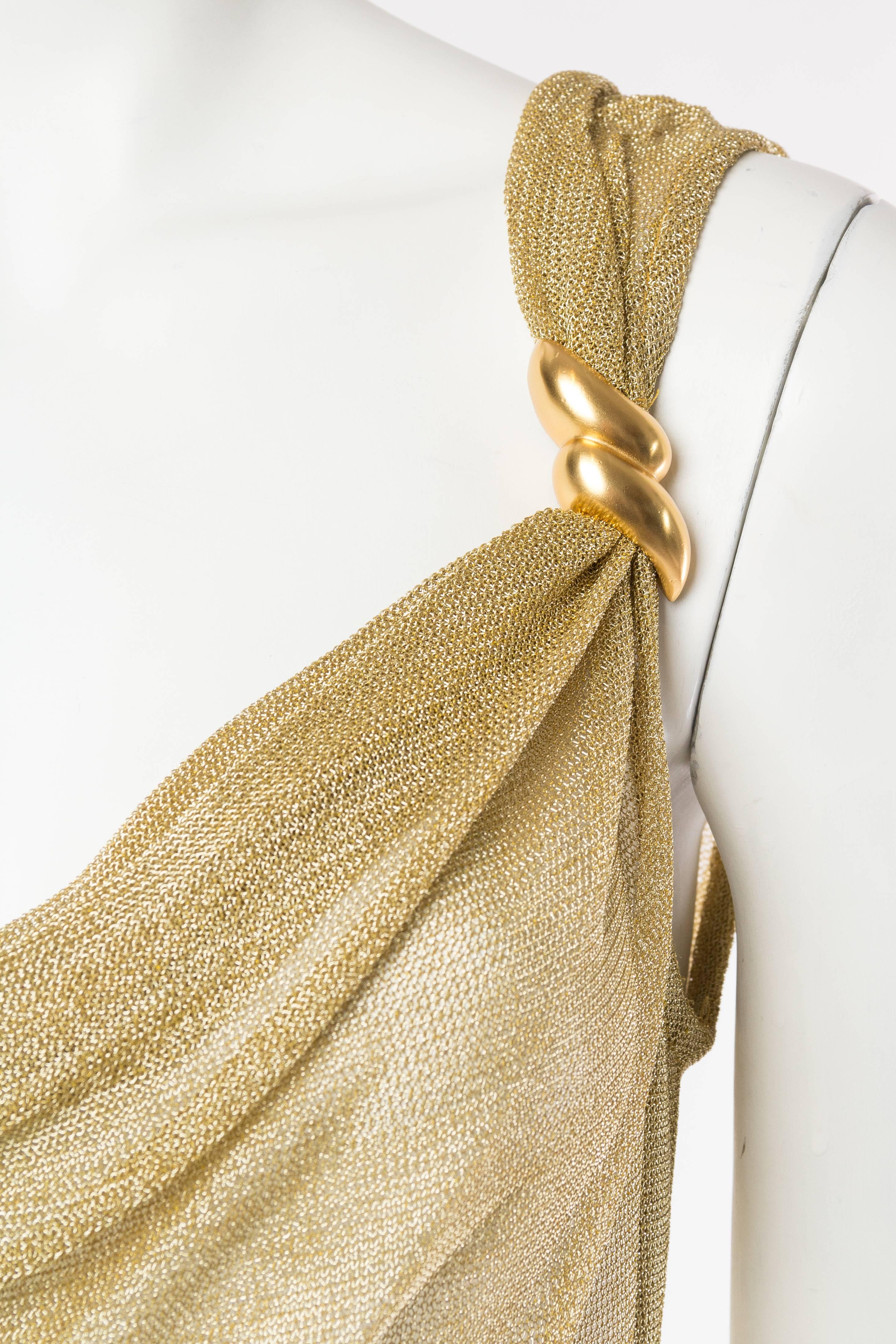 1980S Metallic Gold Lamé Rayon & Lurex Knit Sheer Cowl Neck Mini Cocktail Dress 3