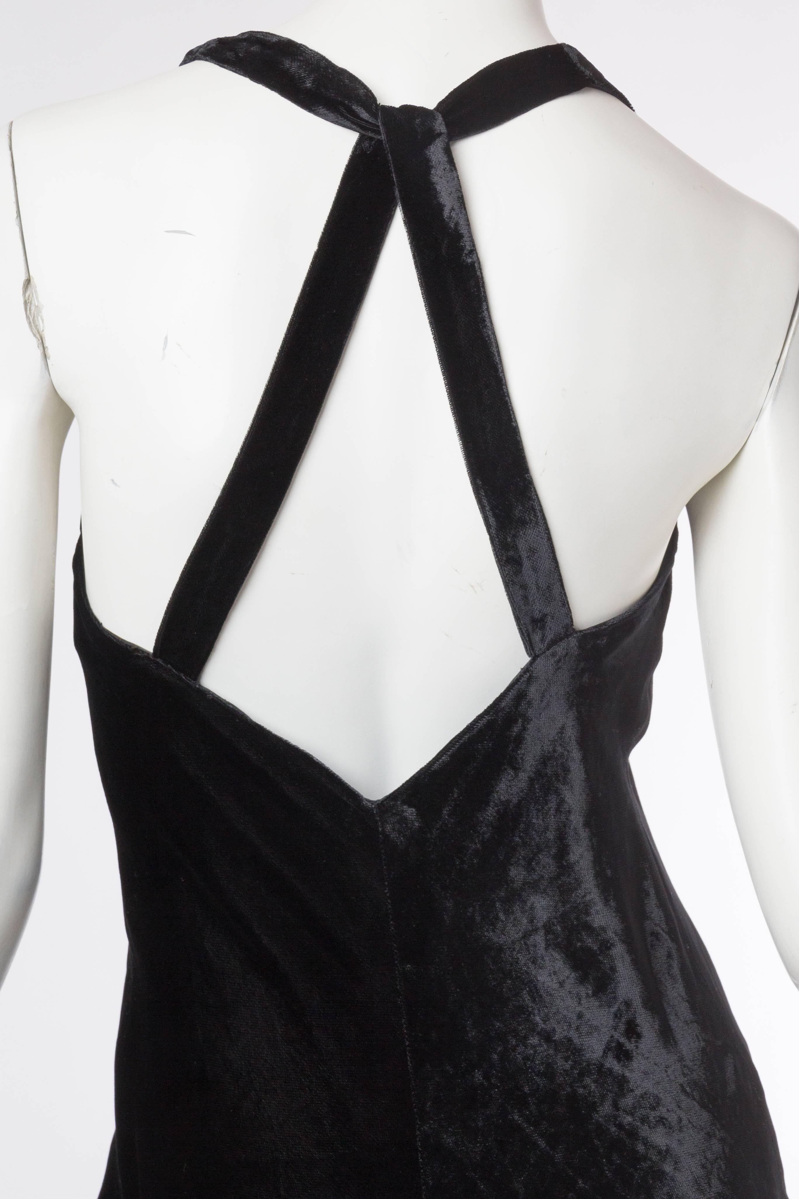 1990S DONNA KARAN Black Bias Cut Rayon & Silk Velvet 1930S Backless Style Gown For Sale 1