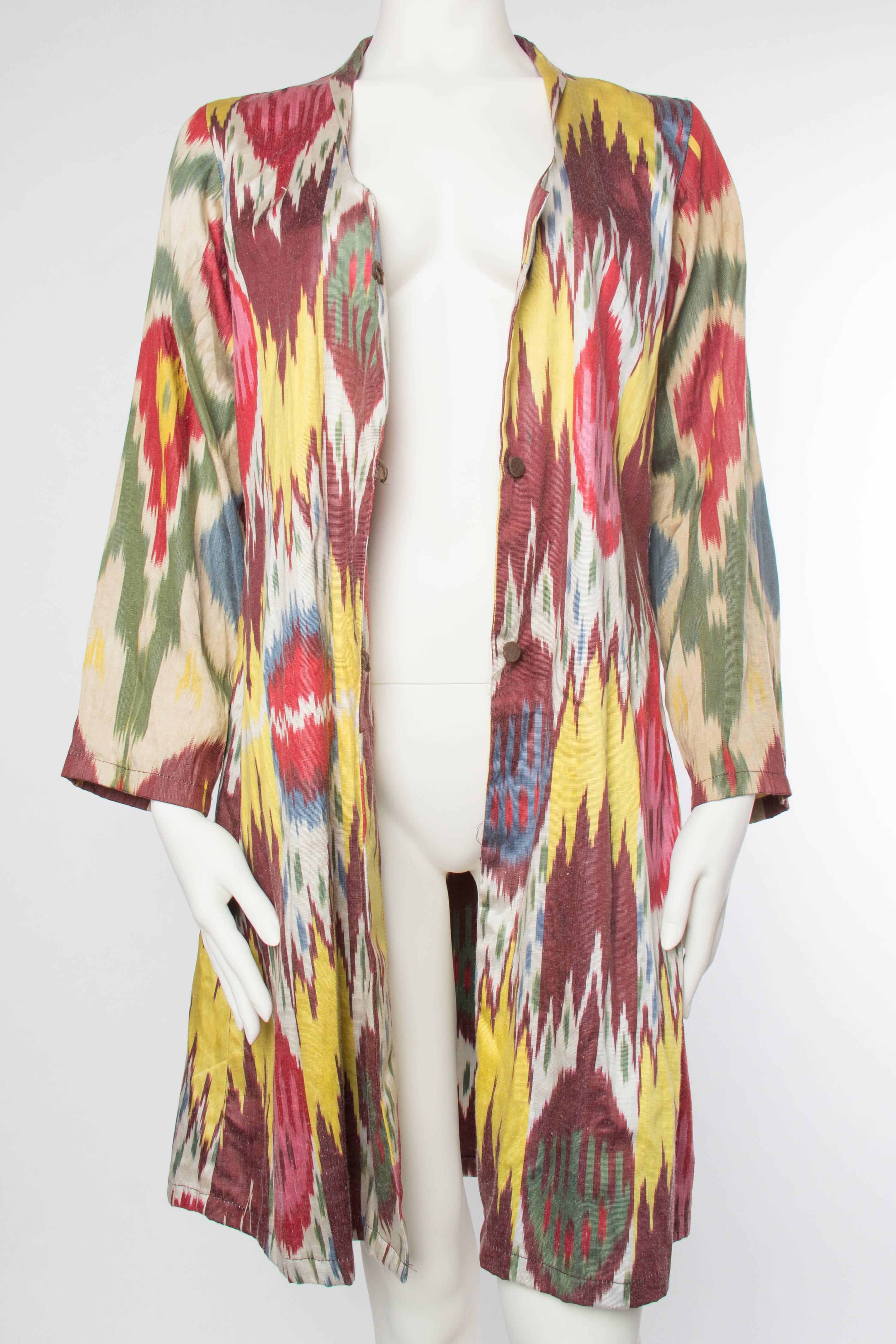 1990S Multicolor Hand Woven Silk Ikat Duster Made From Antique Fabric In Excellent Condition In New York, NY