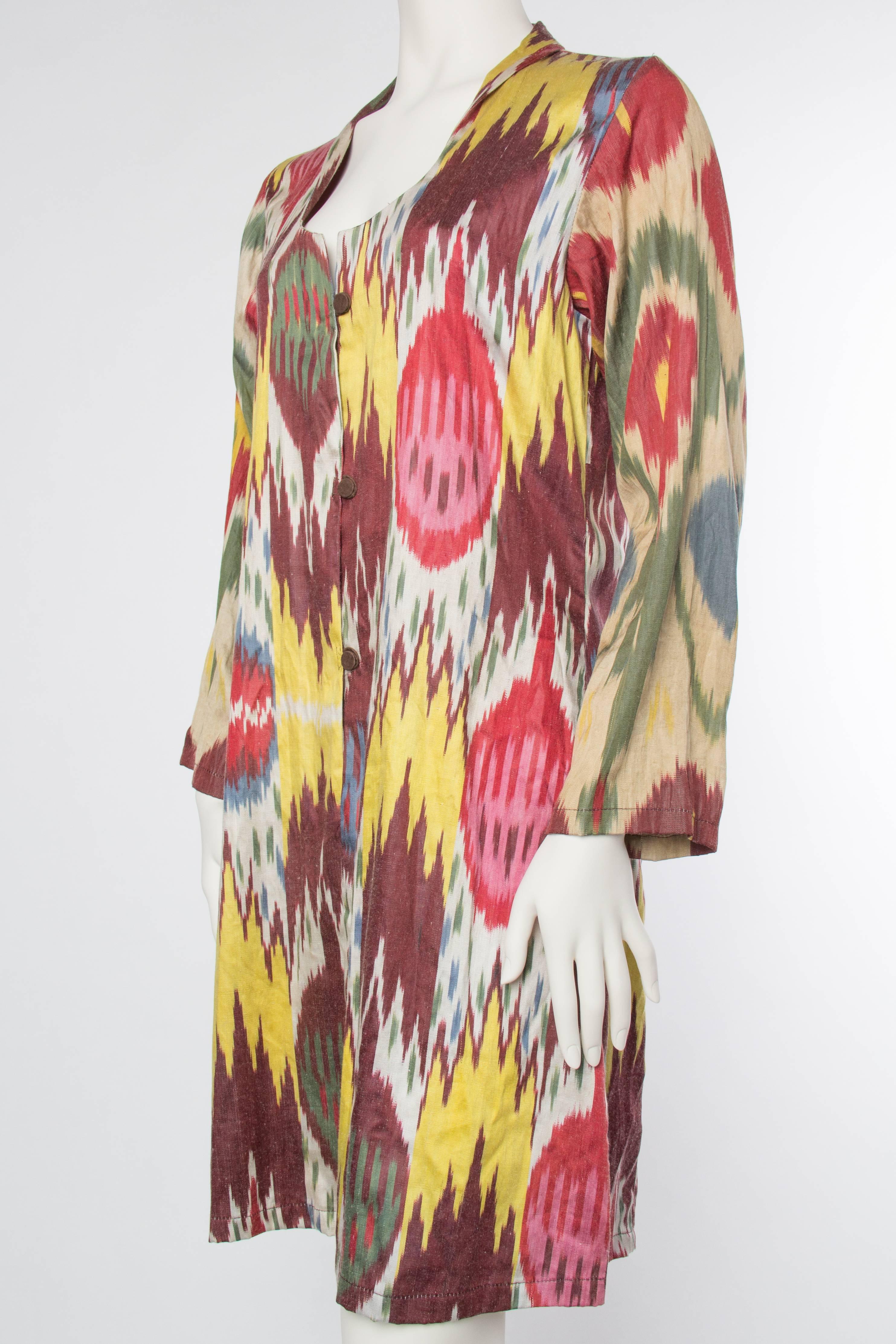 1990S Multicolor Hand Woven Silk Ikat Duster Made From Antique Fabric 1