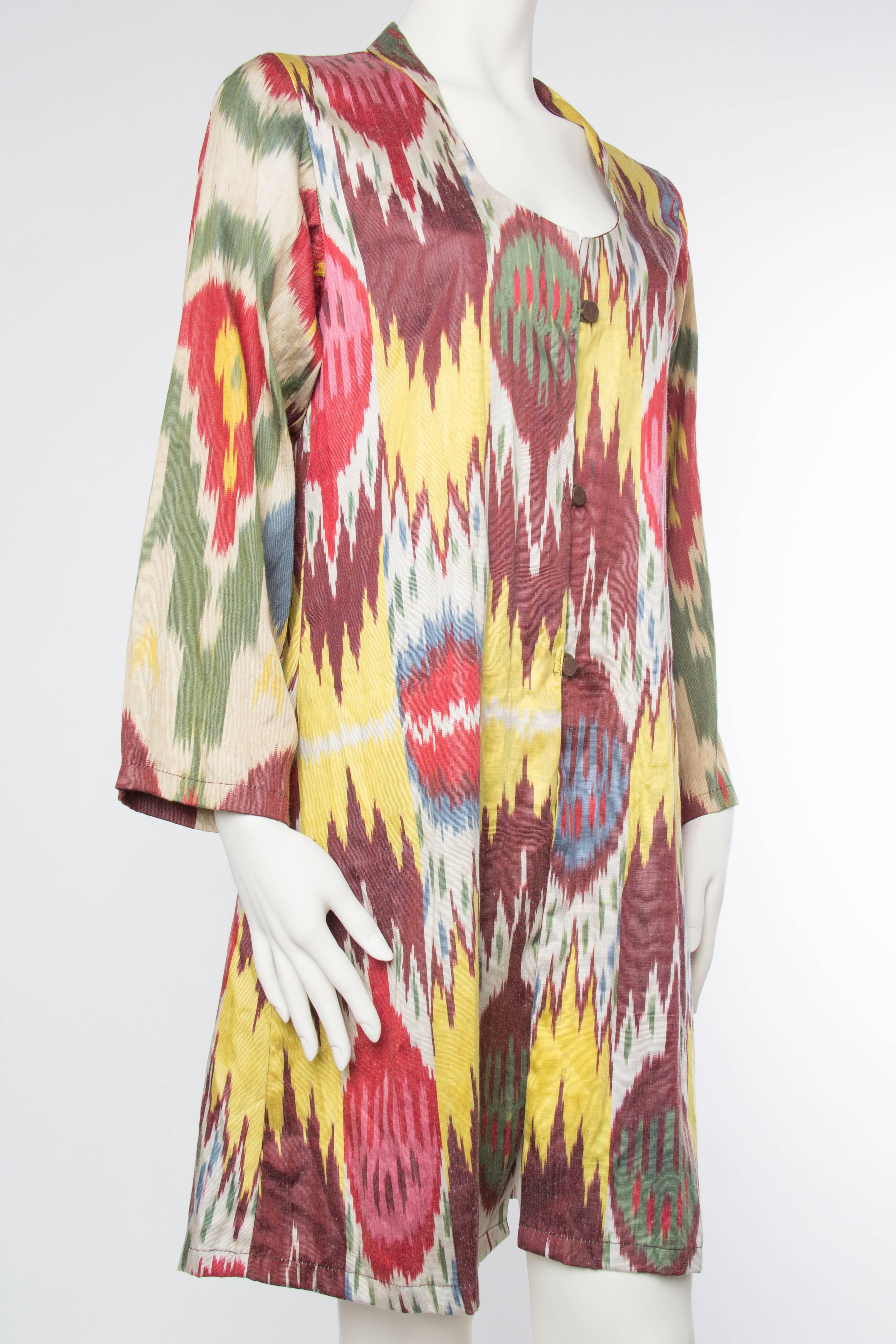 Women's 1990S Multicolor Hand Woven Silk Ikat Duster Made From Antique Fabric