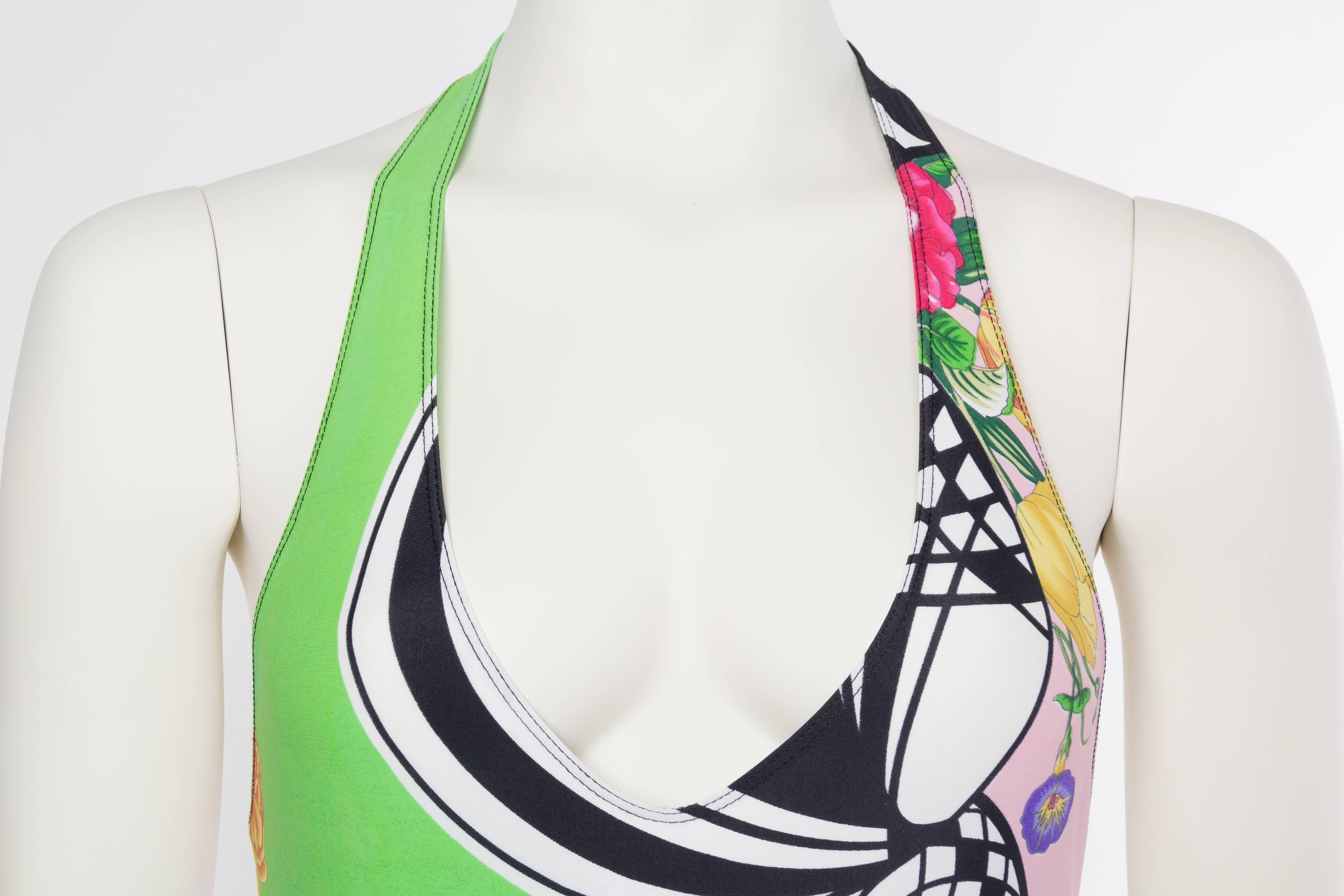 1990S GIANNI VERSACE Neon Green Versus Deadstock Abstract Floral One Piece Swim In Excellent Condition In New York, NY