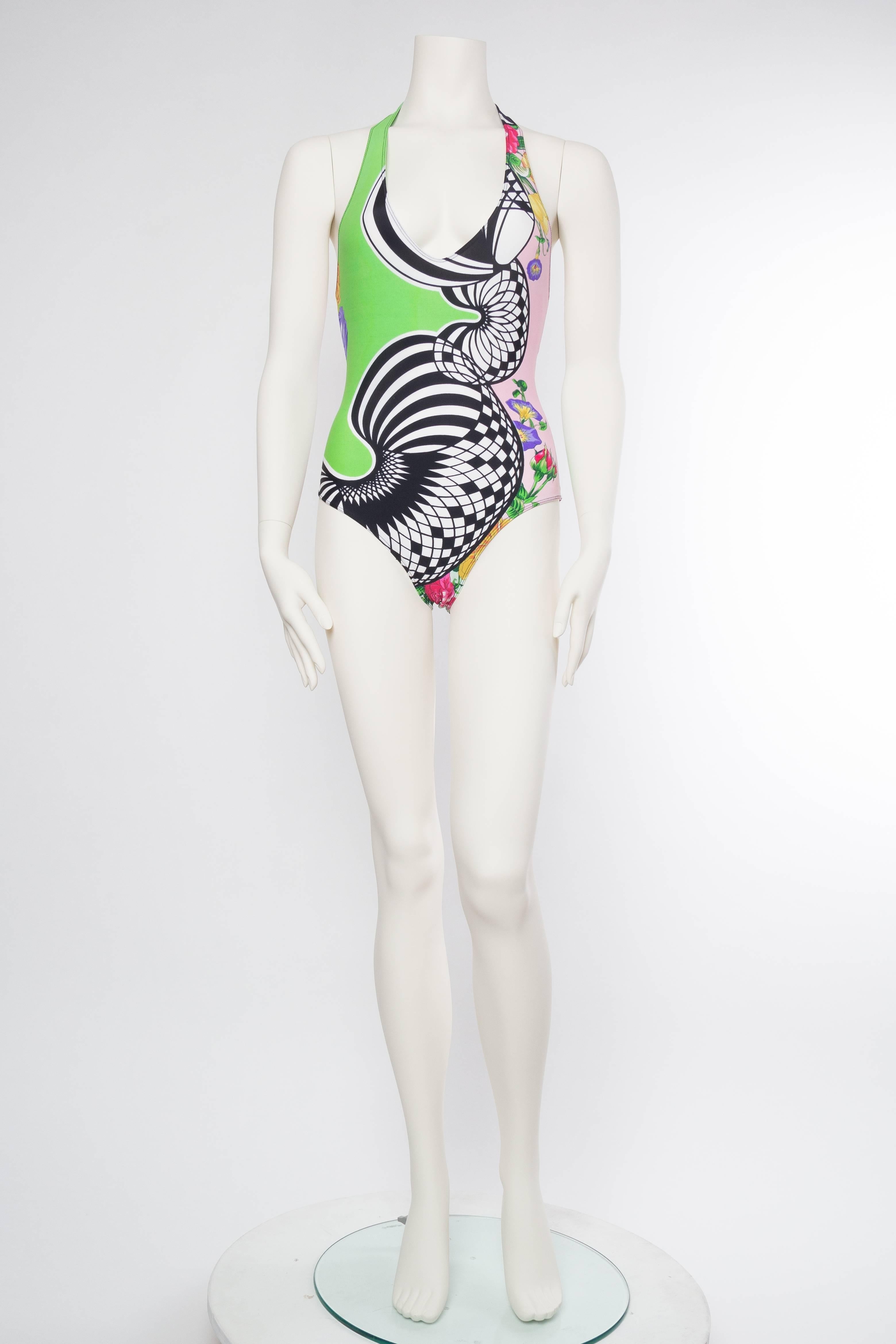 1990S GIANNI VERSACE Neon Green Versus Deadstock Abstract Floral One Piece Swimsuit NWT