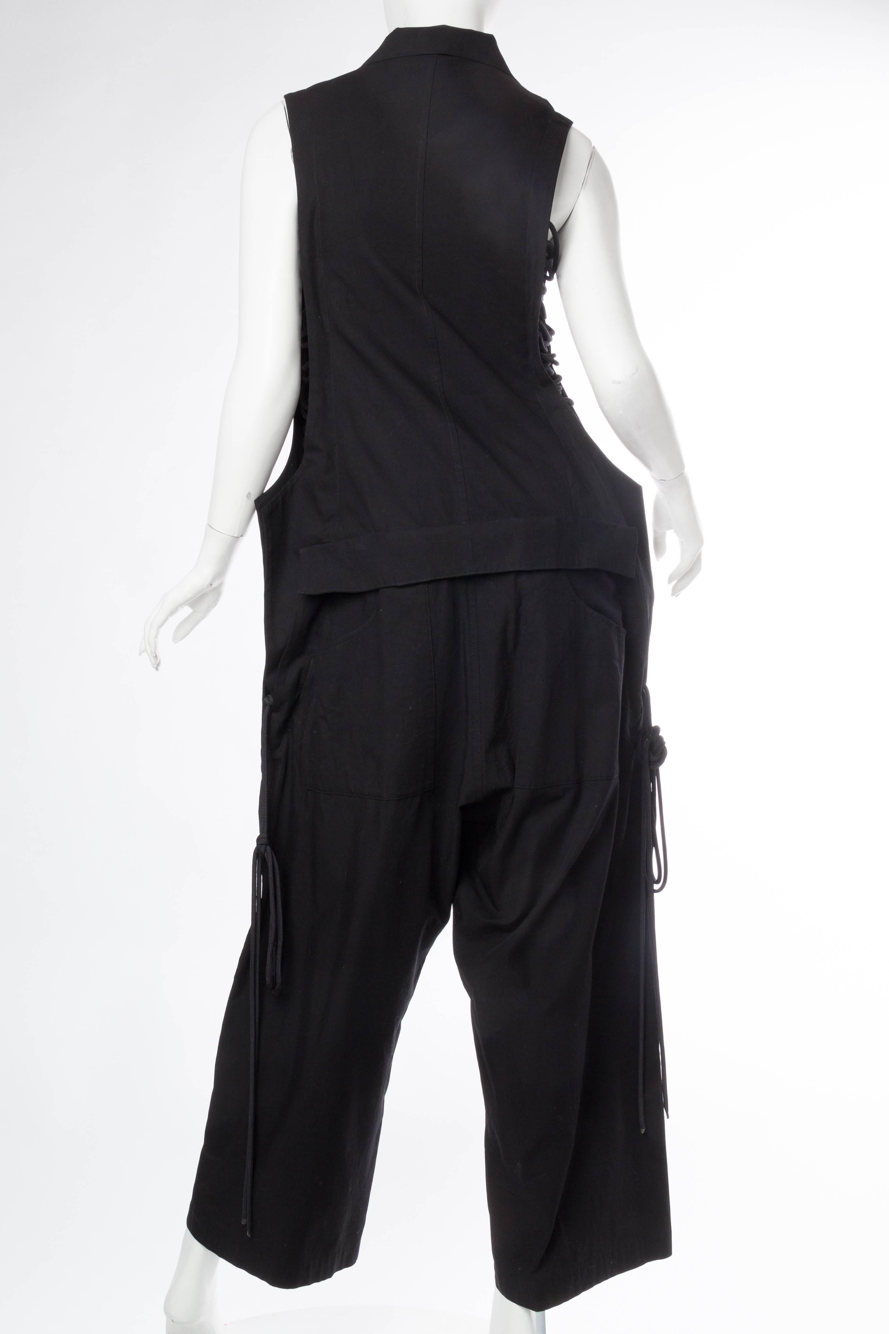 1990S YOHJI YAMAMOTO Black Cotton Unisex Oversized Jumpsuit With Lacing Up Sides In Excellent Condition For Sale In New York, NY