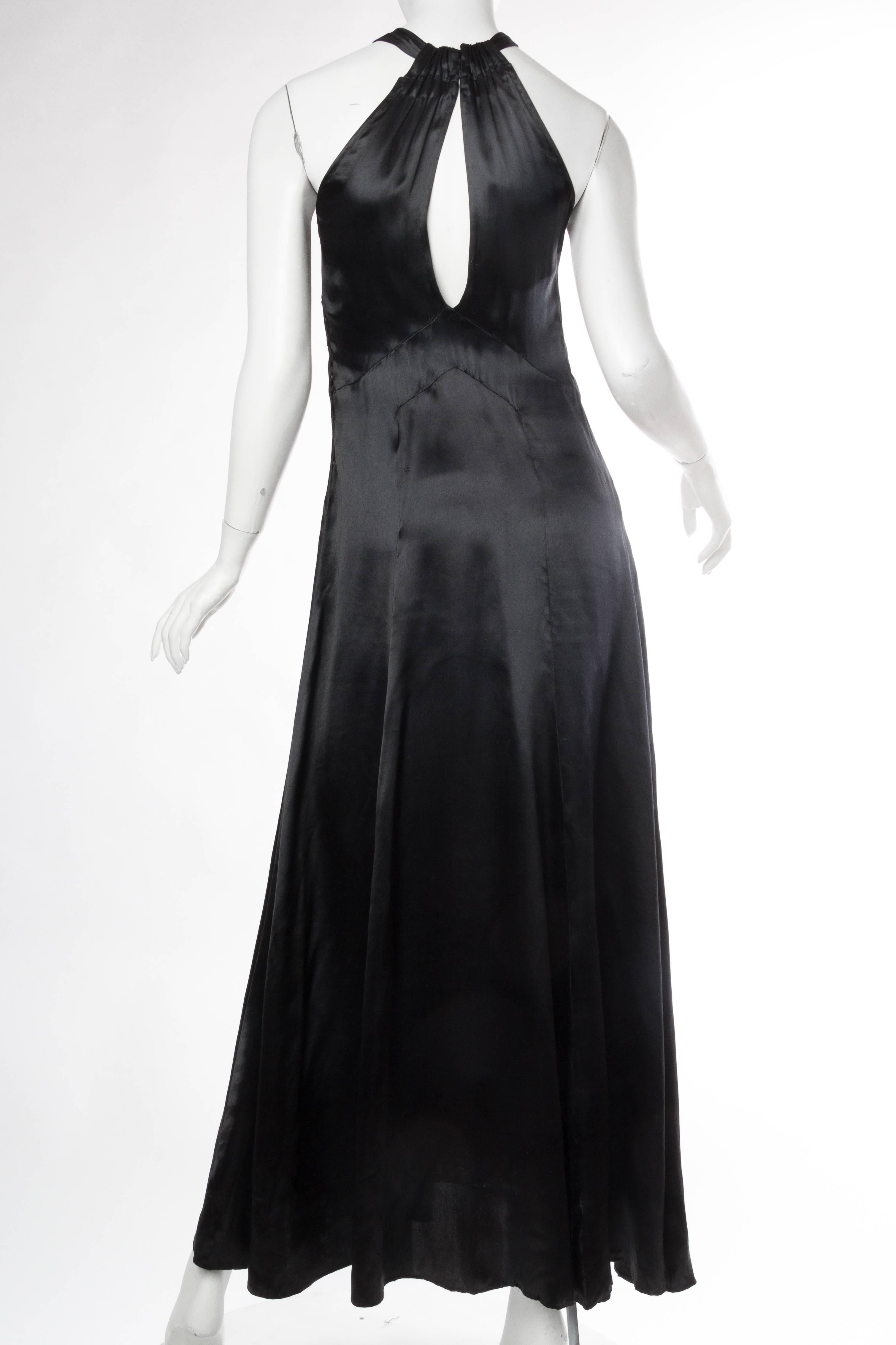 1930S Black Silk Satin Halter Bow Neck Gown In Good Condition For Sale In New York, NY