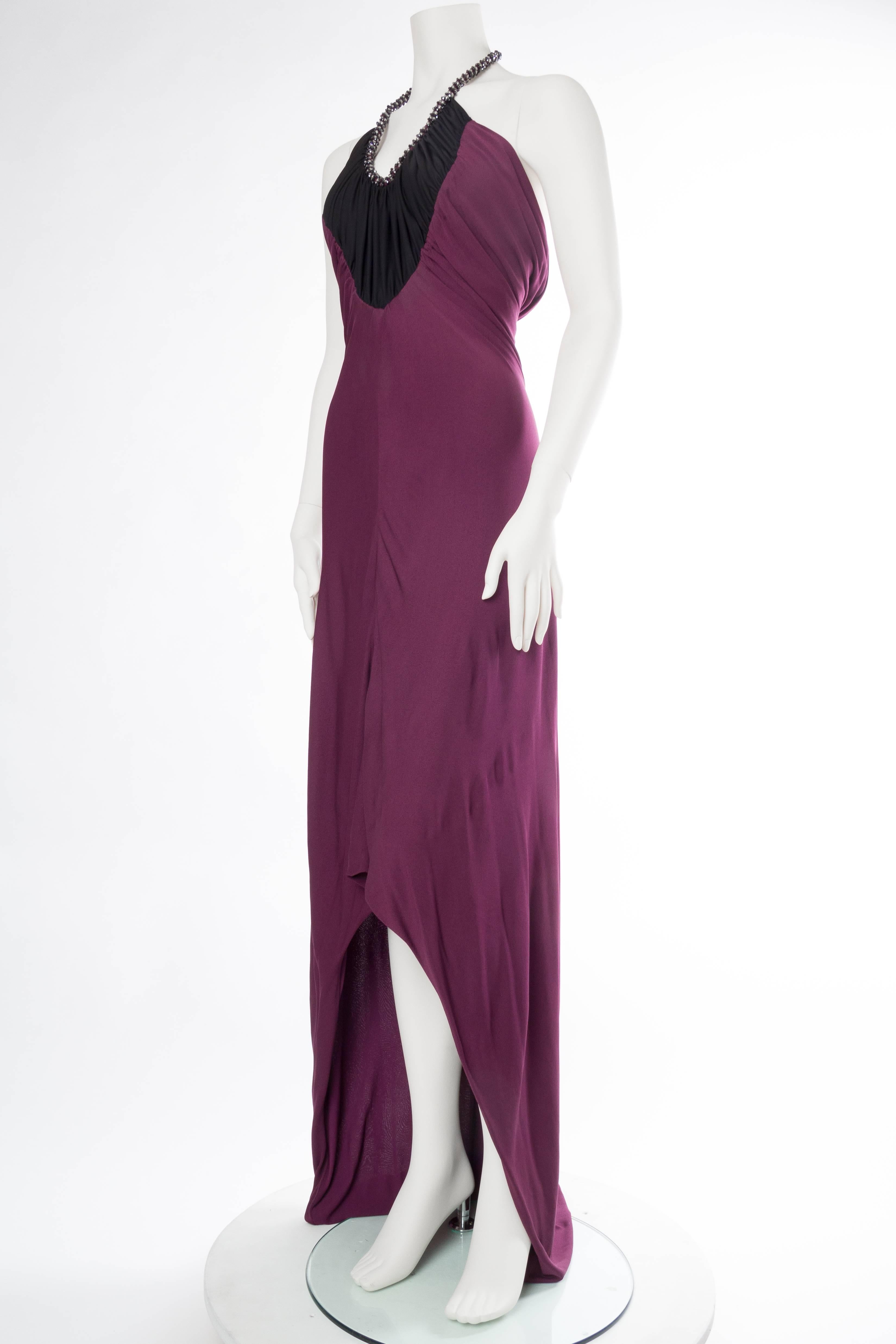 Women's 1970S LORIS AZZARO Black & Purple Viscose Jersey Slinky Disco Trained Gown For Sale