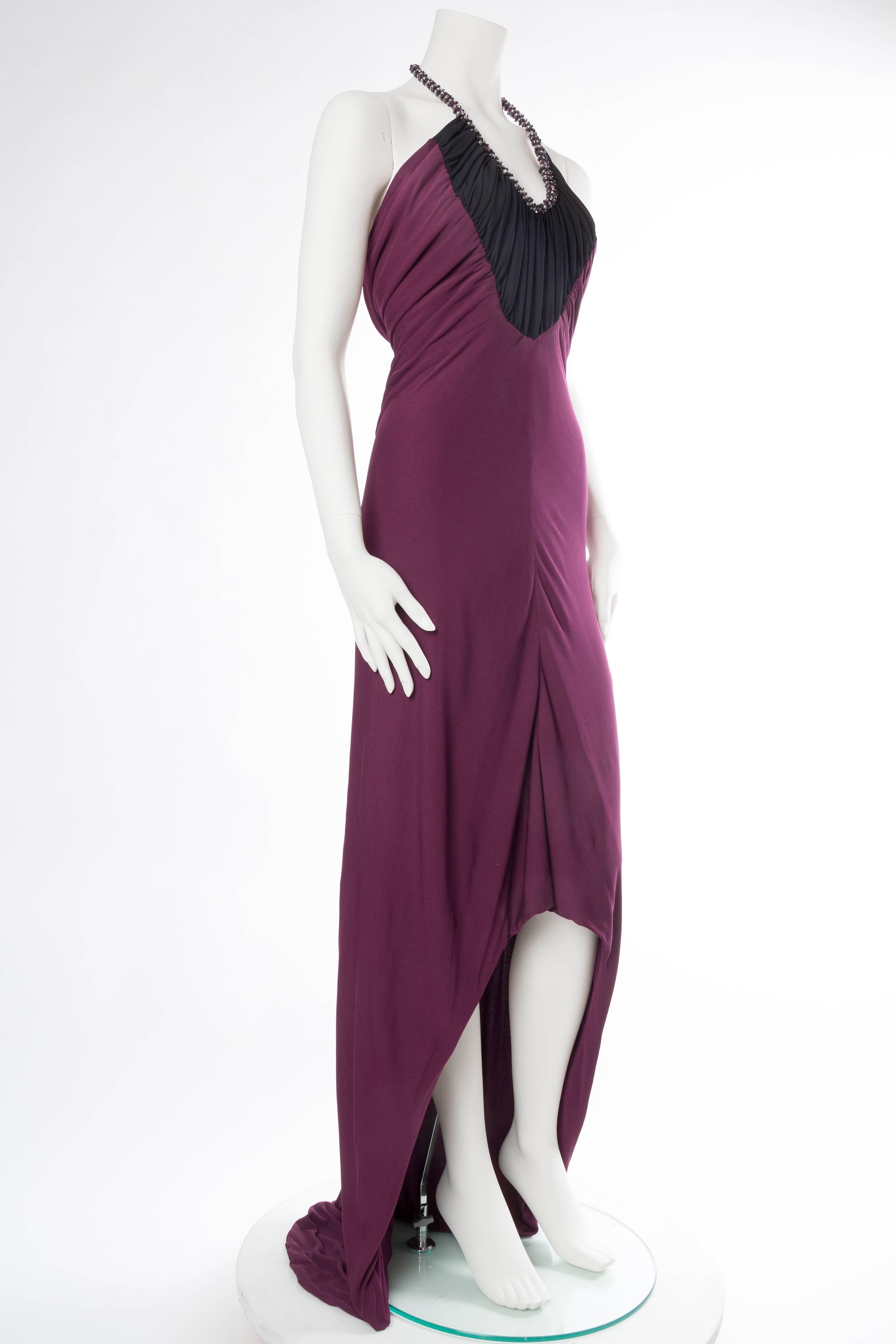 1970S LORIS AZZARO Black & Purple Viscose Jersey Slinky Disco Trained Gown In Excellent Condition For Sale In New York, NY