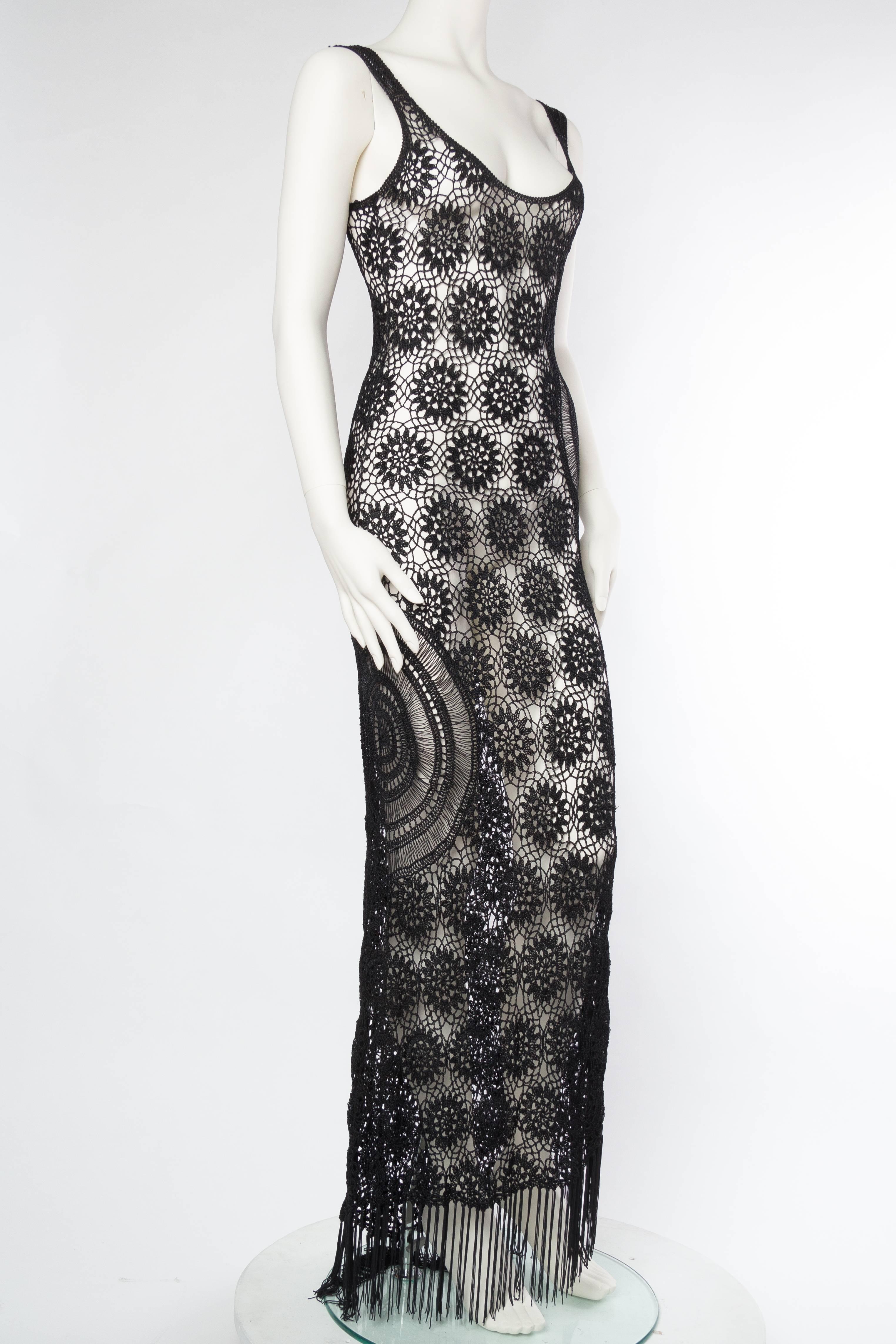 Black Slinky Crochet and Beaded Dress with Fringe