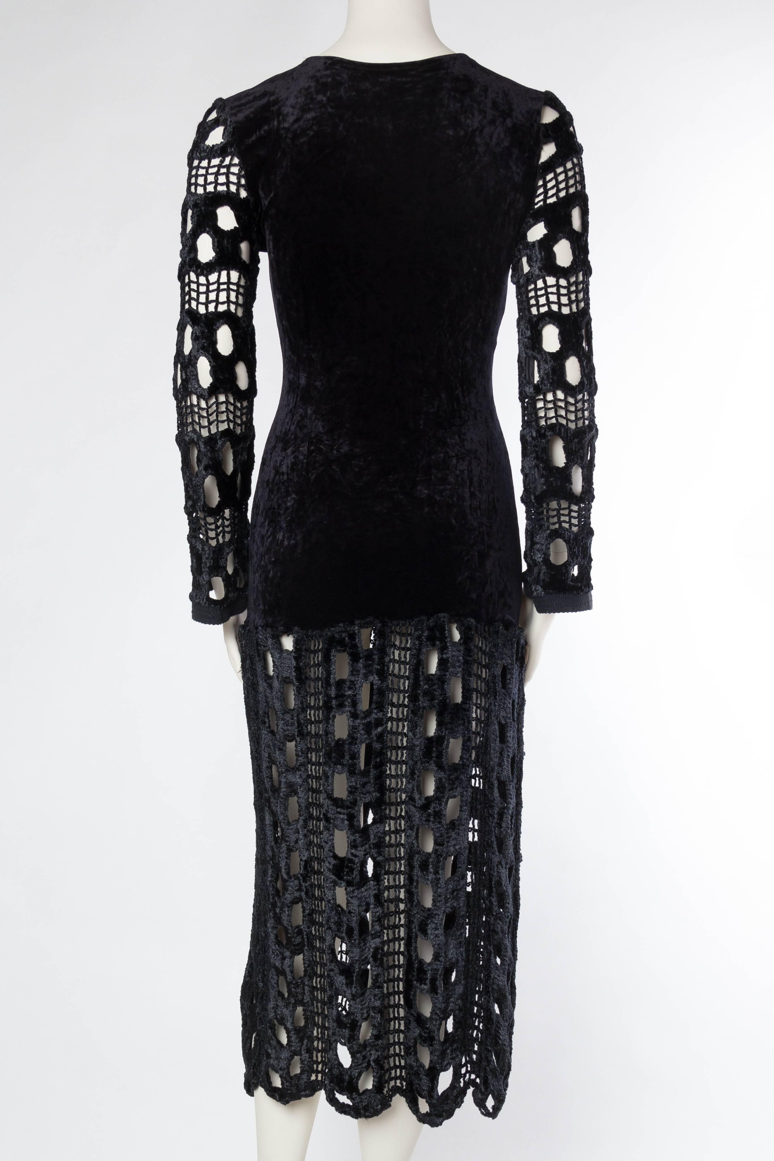 Women's 1980s Body-con Stretch Velvet and Crochet Dress