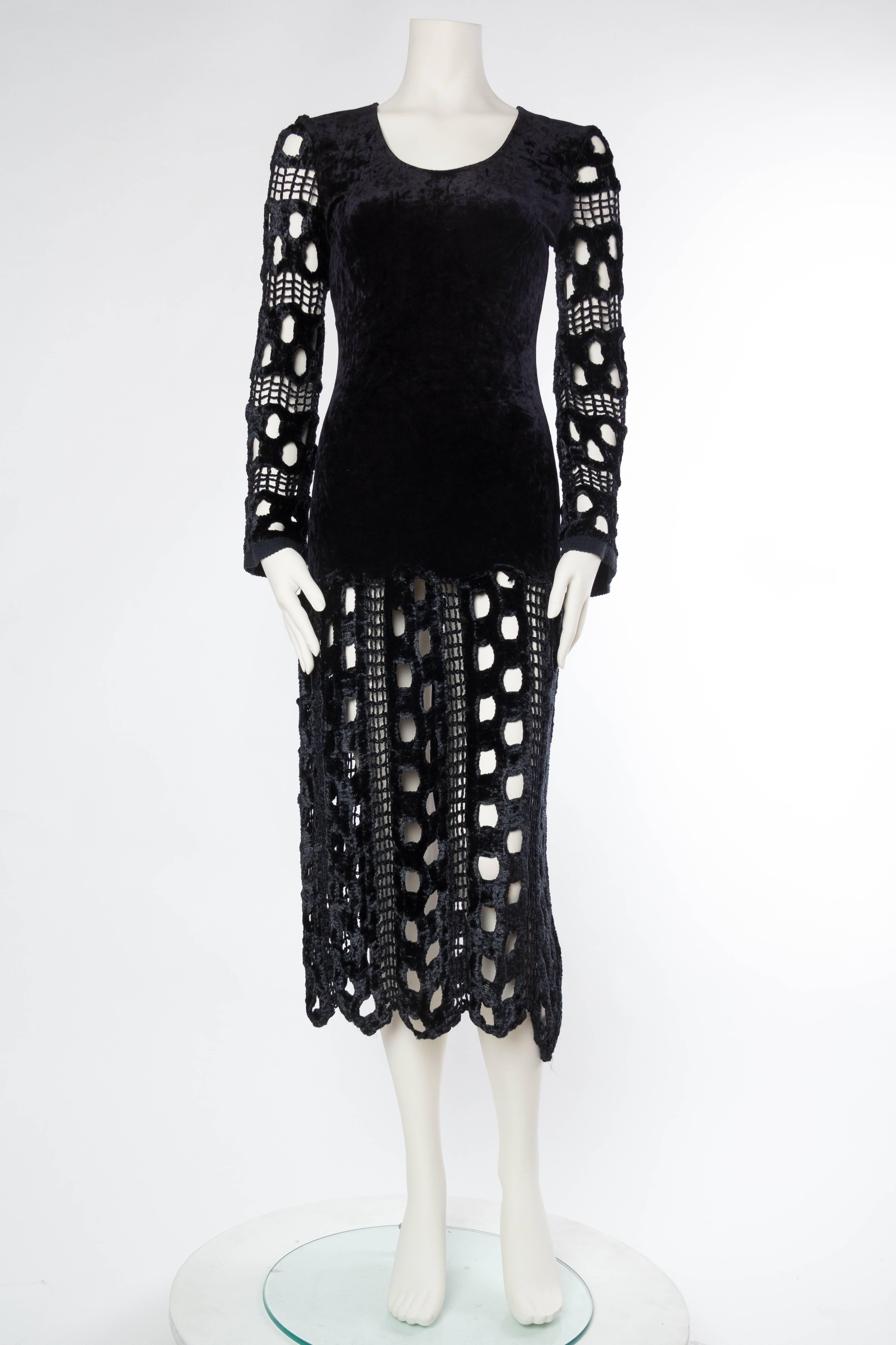 1980s Body-con Stretch Velvet and Crochet Dress in the style of Alaia. Purchased in Paris with no label. 
