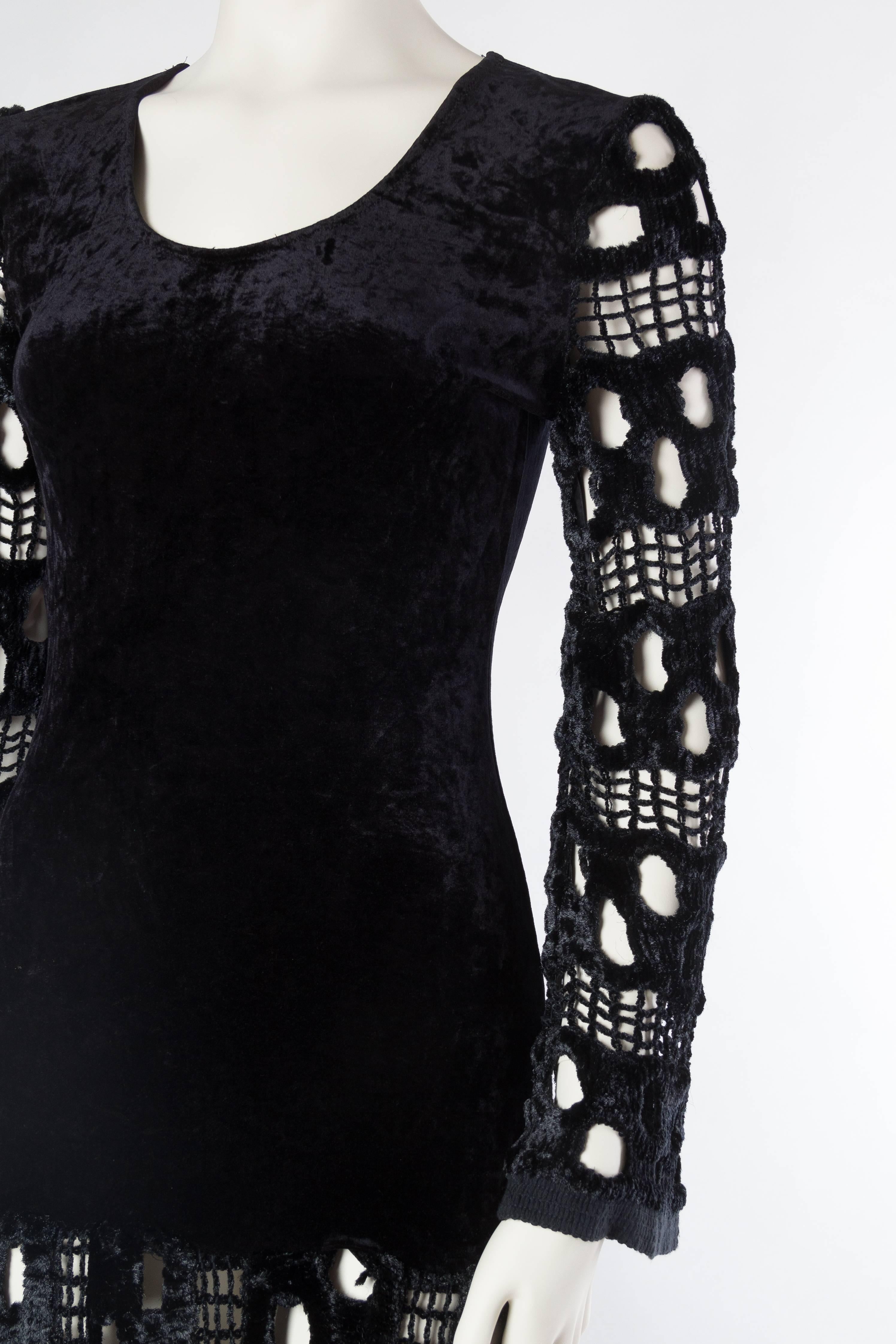 1980s Body-con Stretch Velvet and Crochet Dress 2