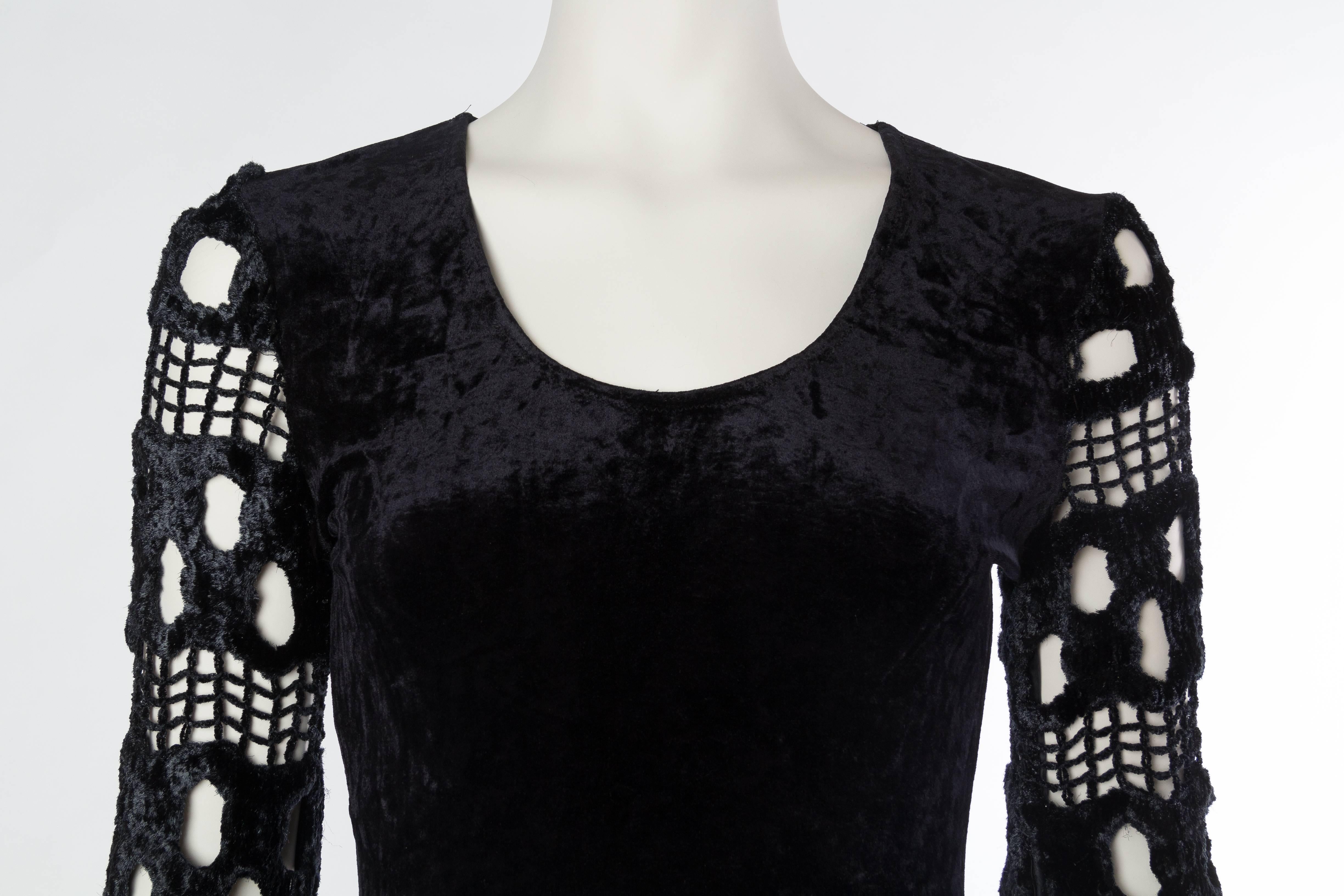 1980s Body-con Stretch Velvet and Crochet Dress 1