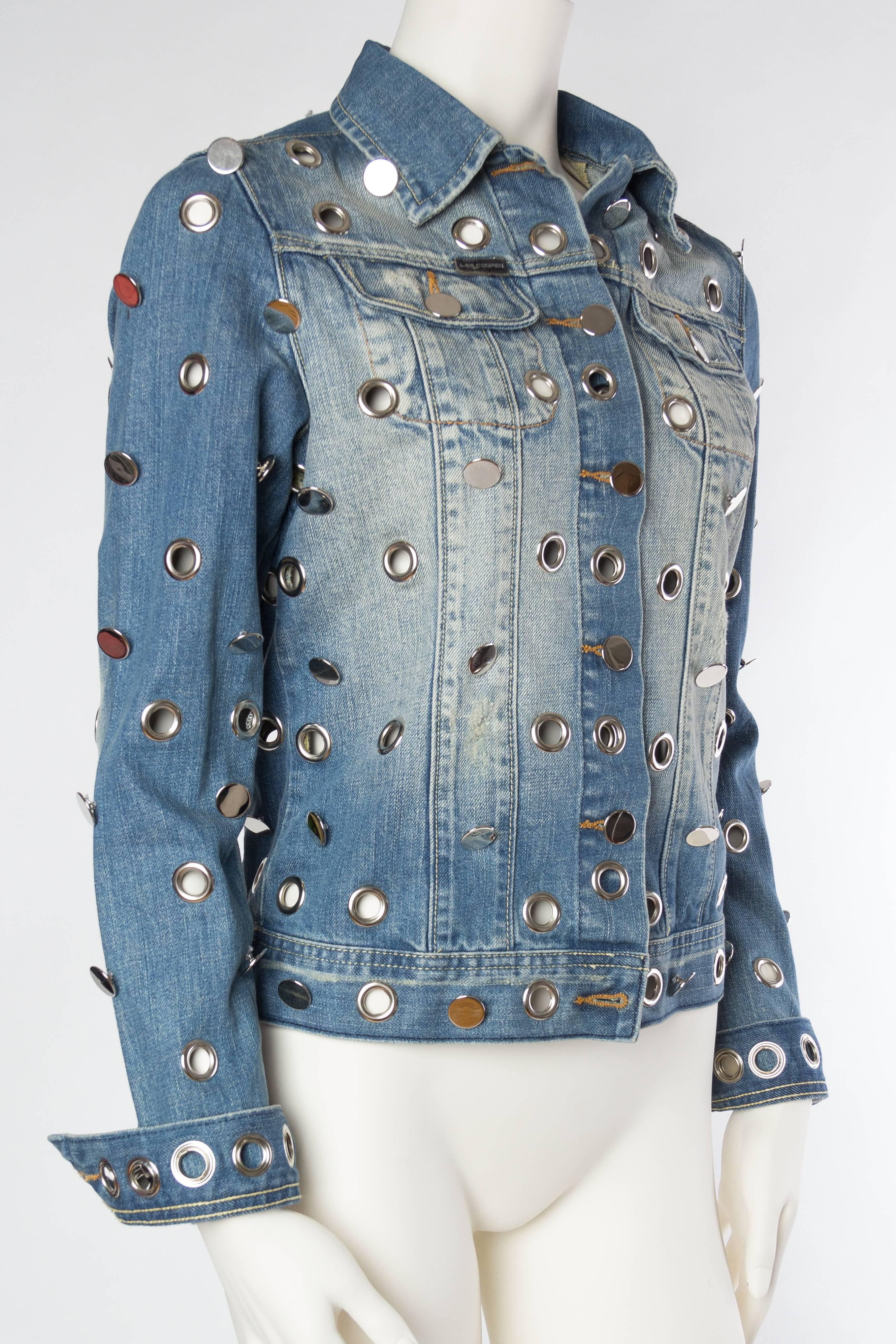 Denim Jacket Covered in Mirrored Buttons and Gromets In Excellent Condition In New York, NY