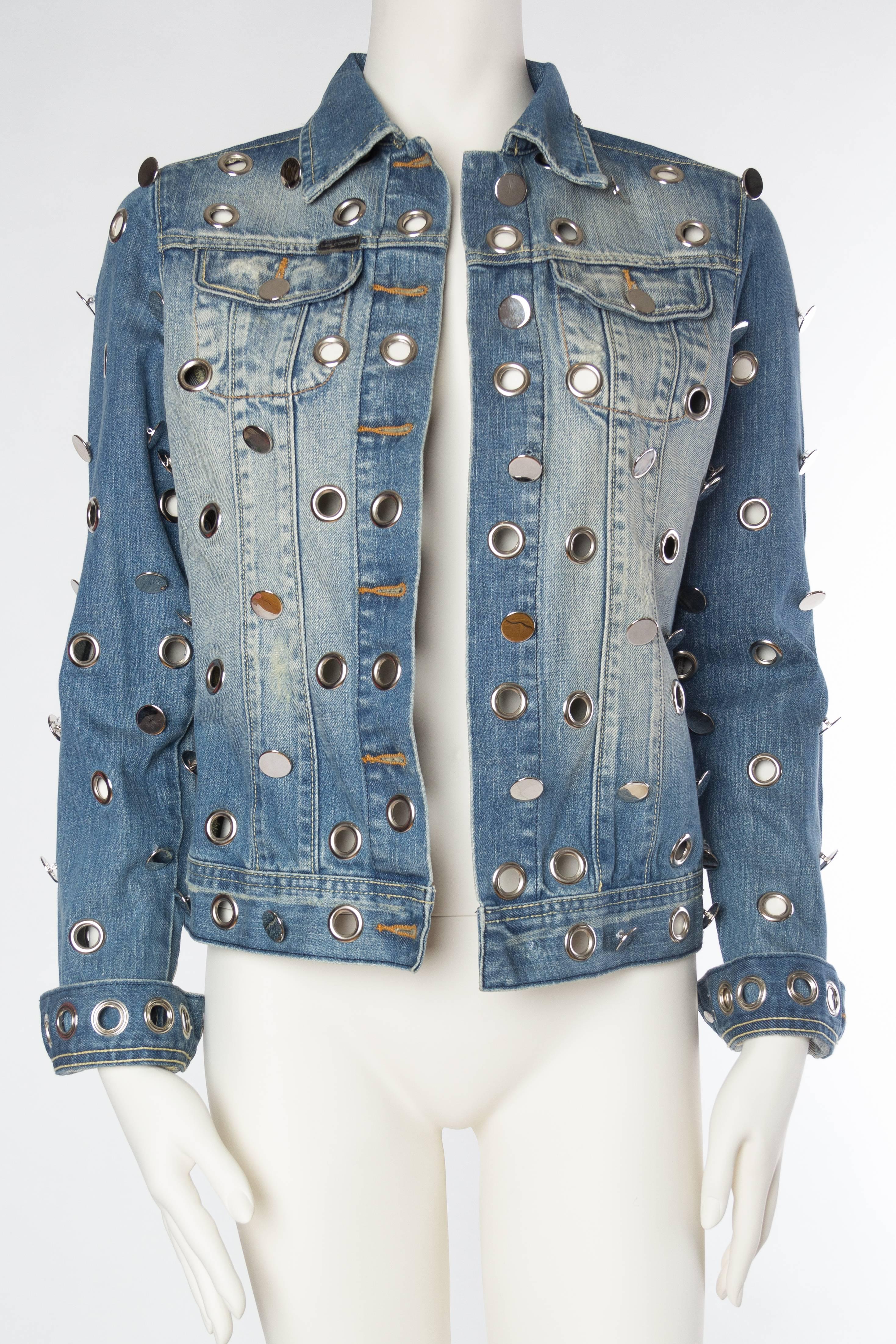 Gray Denim Jacket Covered in Mirrored Buttons and Gromets