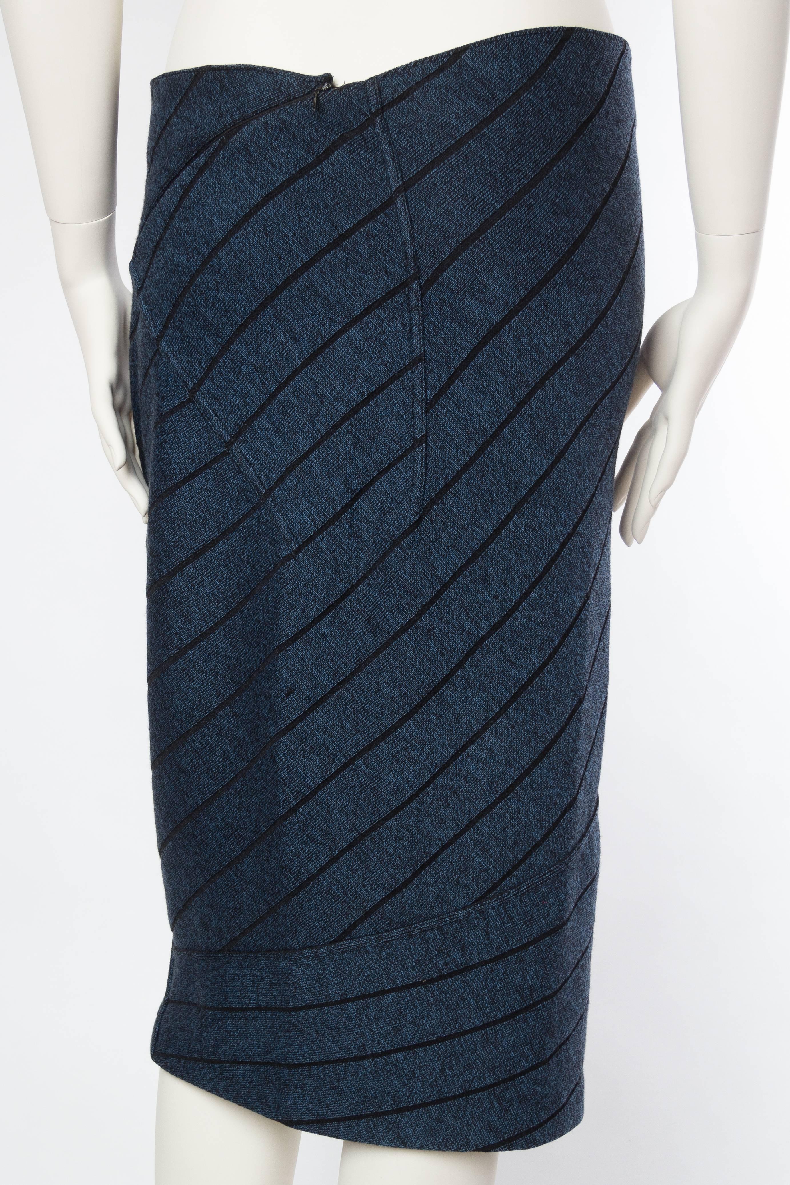 Women's 1980S AZZEDINE ALAIA Blue & Black Rayon Blend Knit High-Waisted Skirt For Sale