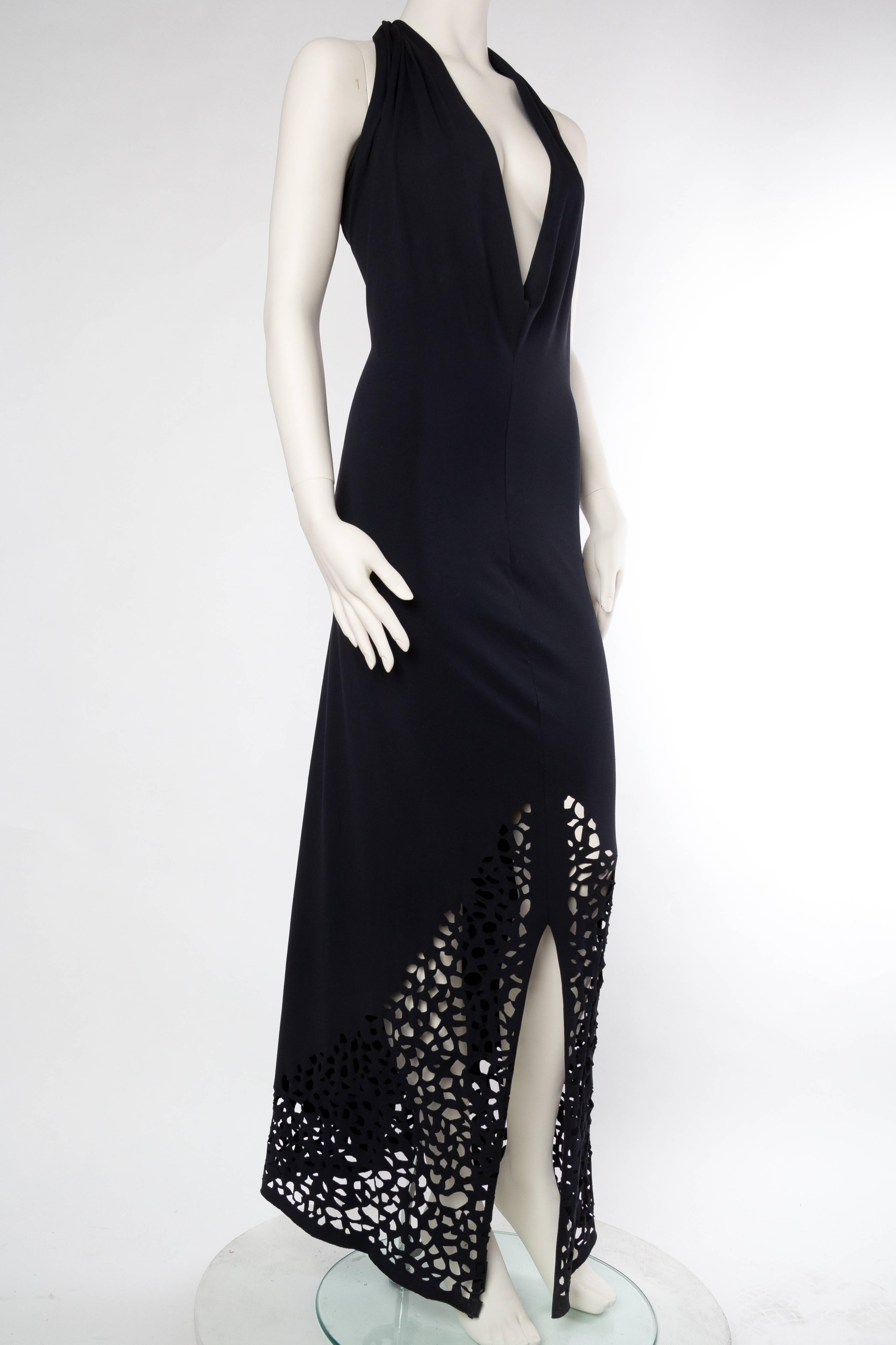 Black Plunging Backless Slinky Jersey Gown By Karl Lagerfeld