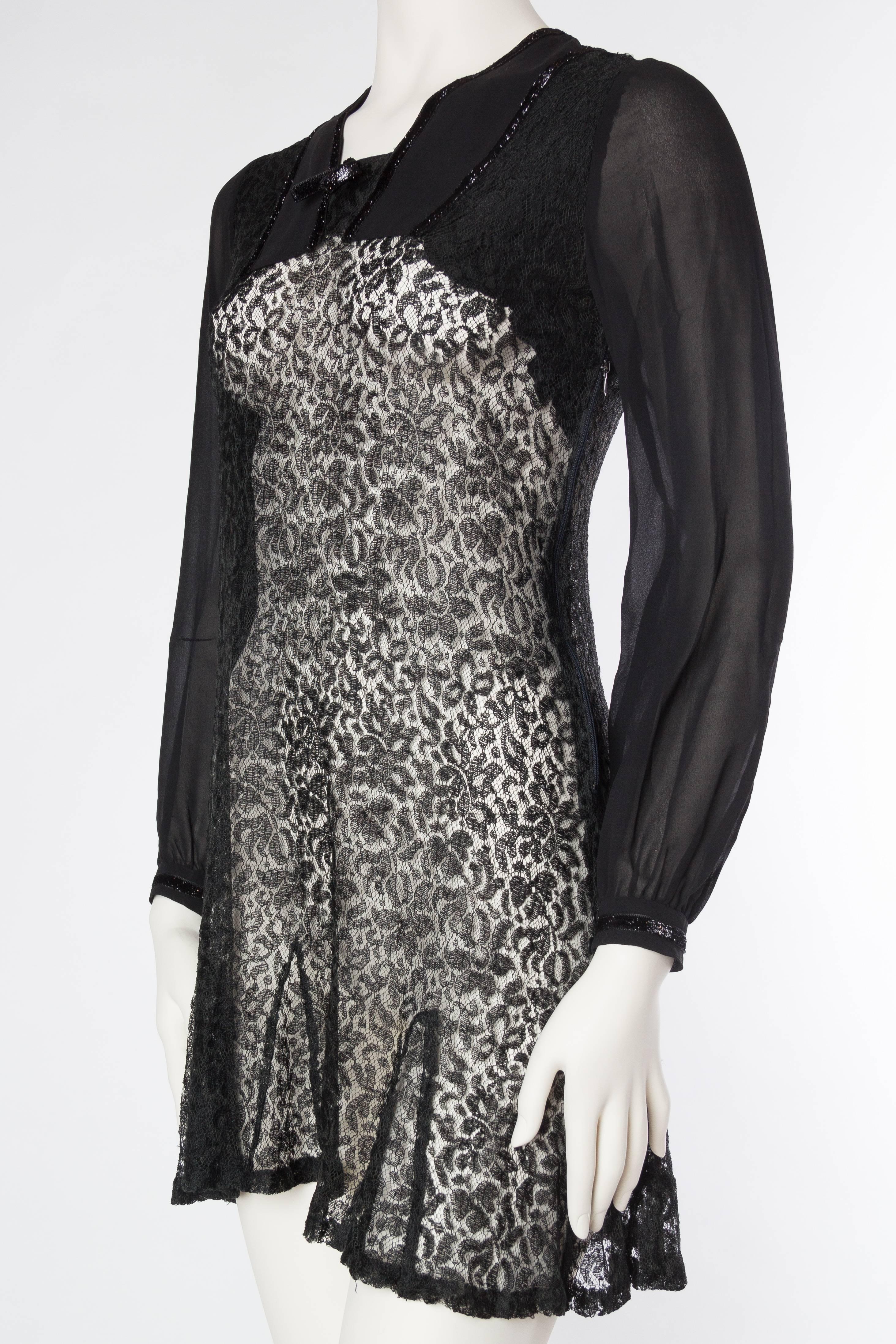 1930s Silk Chiffon and Lace Mini Dress In Excellent Condition In New York, NY
