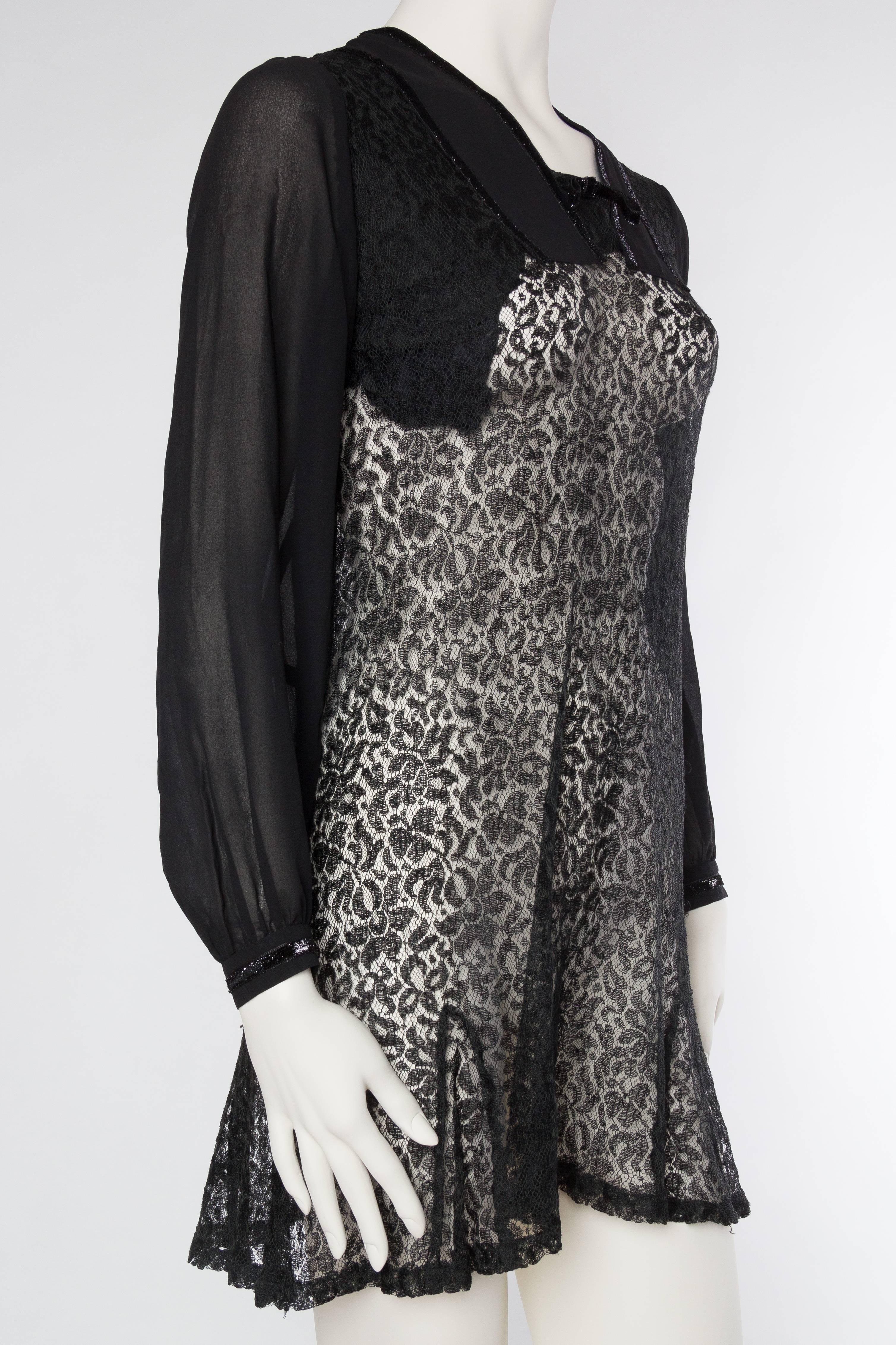 Black 1930s Silk Chiffon and Lace Mini Dress