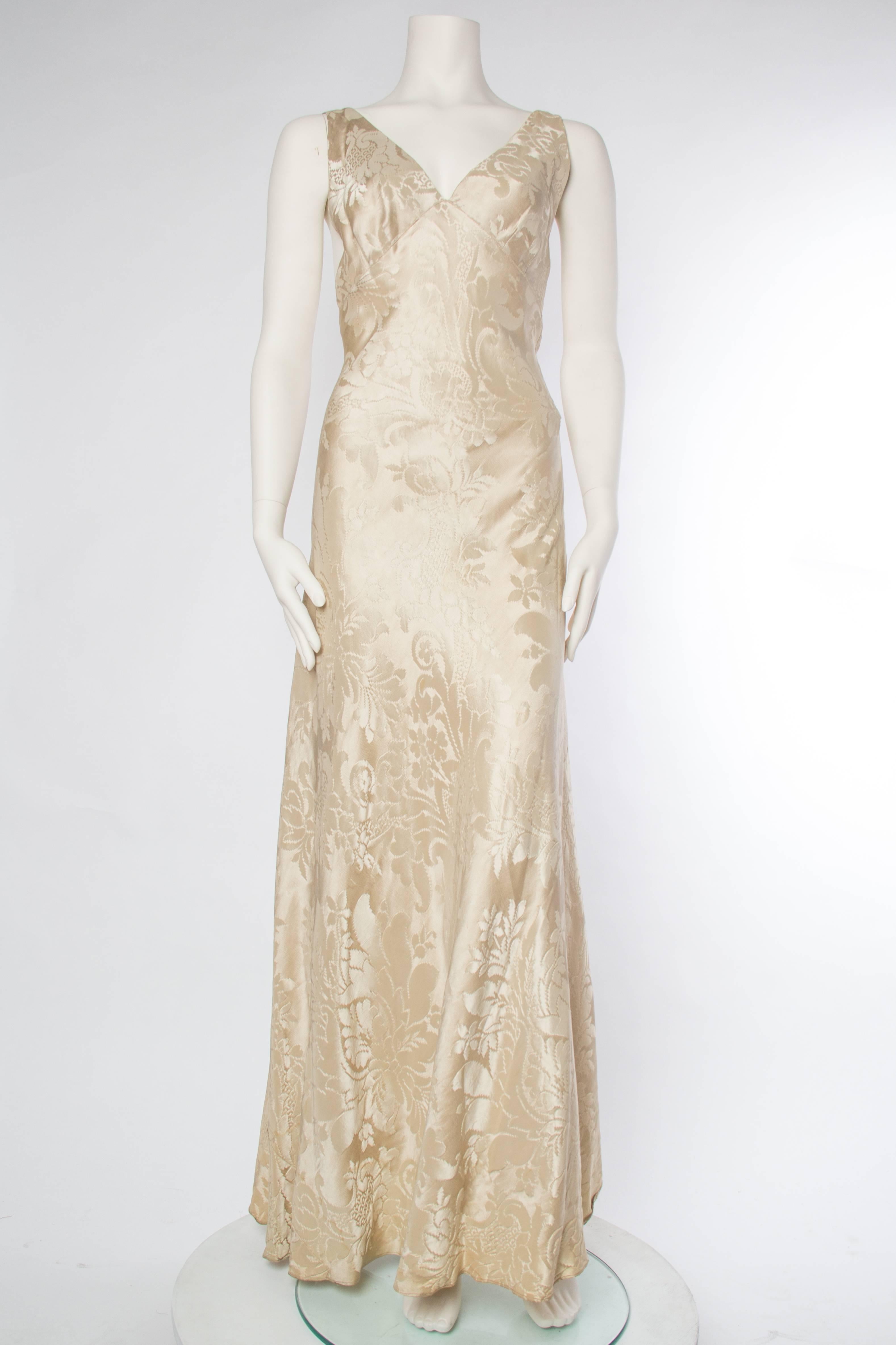 Beige Backless 1930s Bias Cut Silk Damask Gown