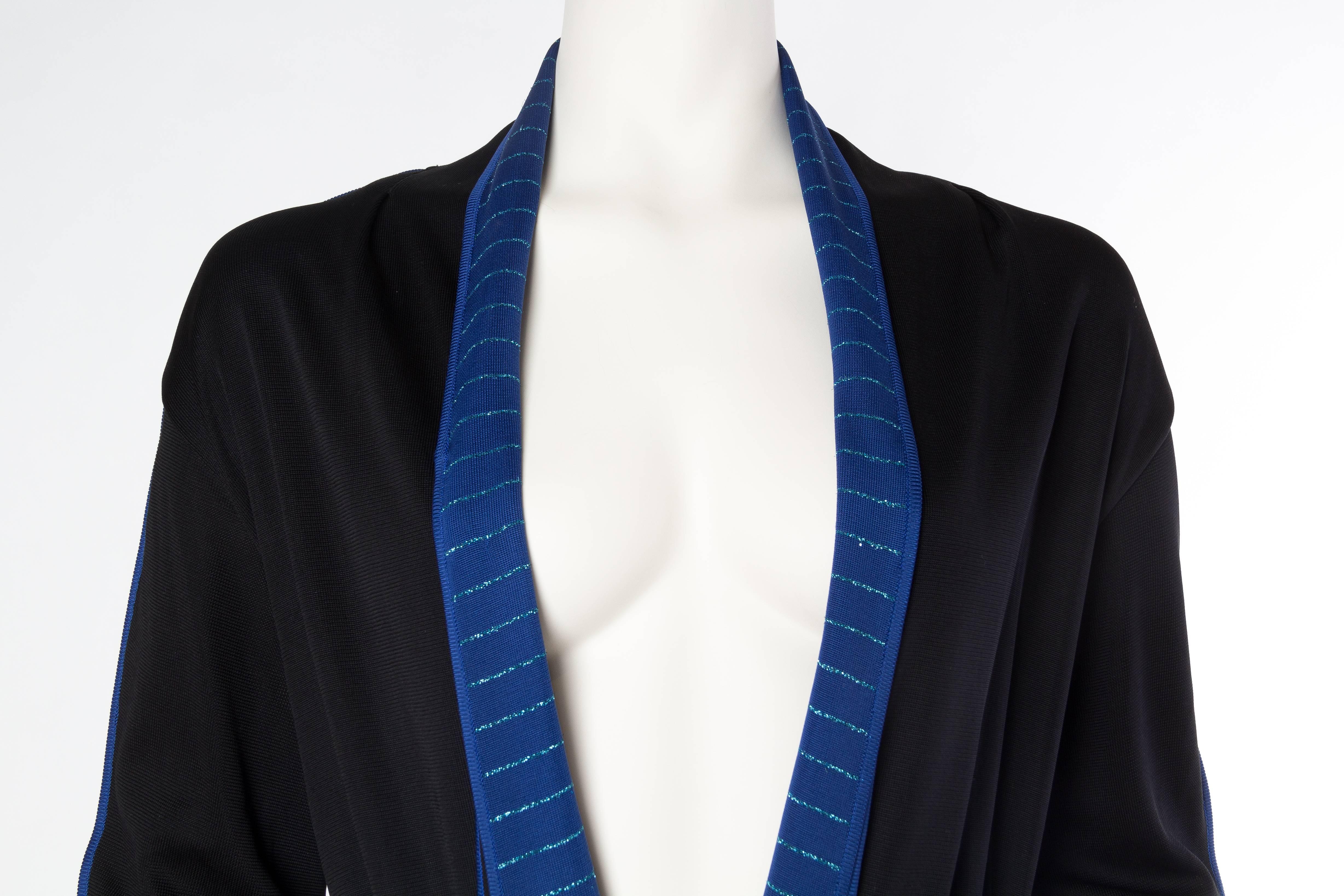 1970S ISSEY MIYAKE Black & Blue Knit Jersey Cardigan Belted Dress For Sale 2