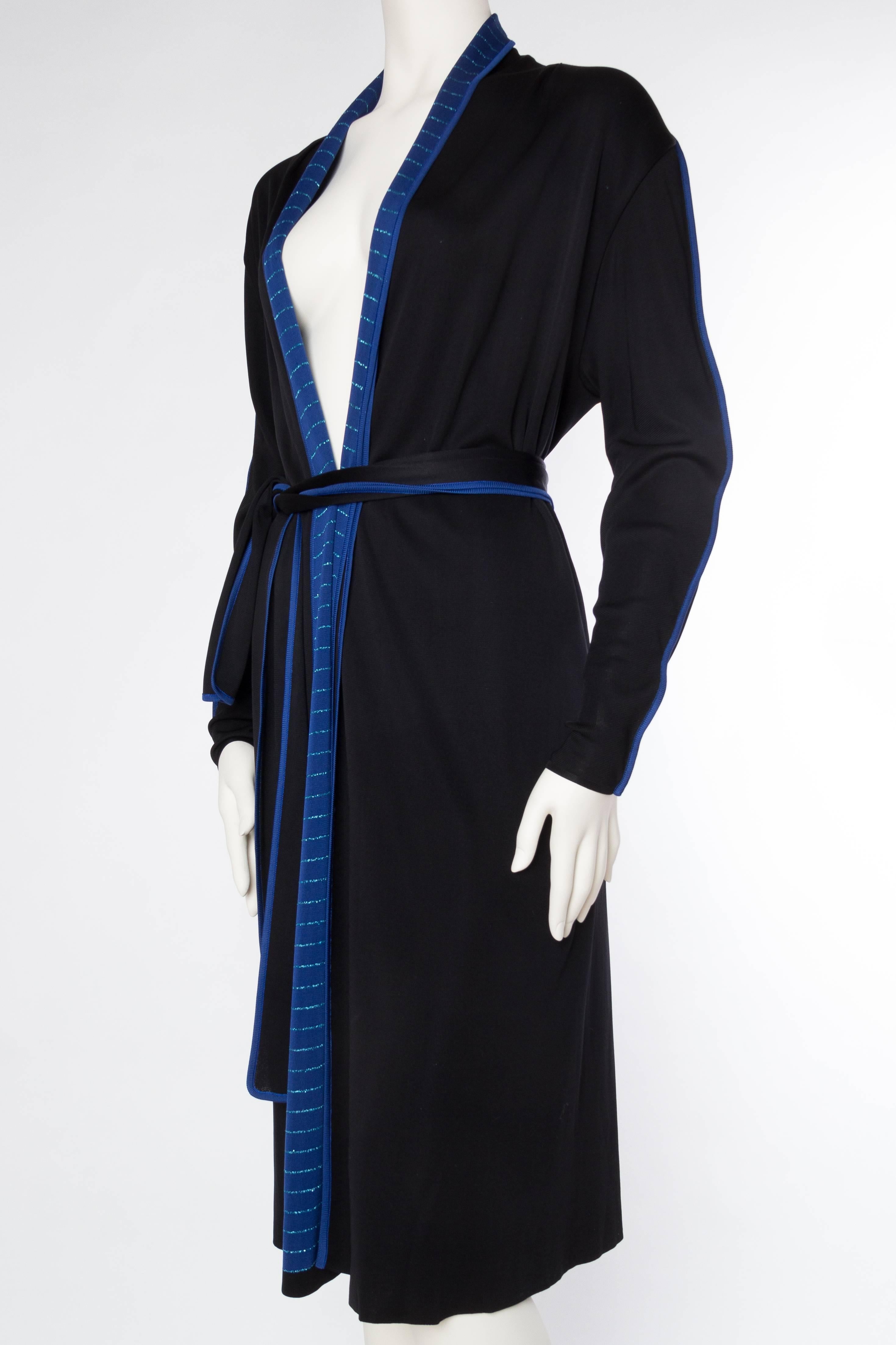 Women's 1970S ISSEY MIYAKE Black & Blue Knit Jersey Cardigan Belted Dress For Sale